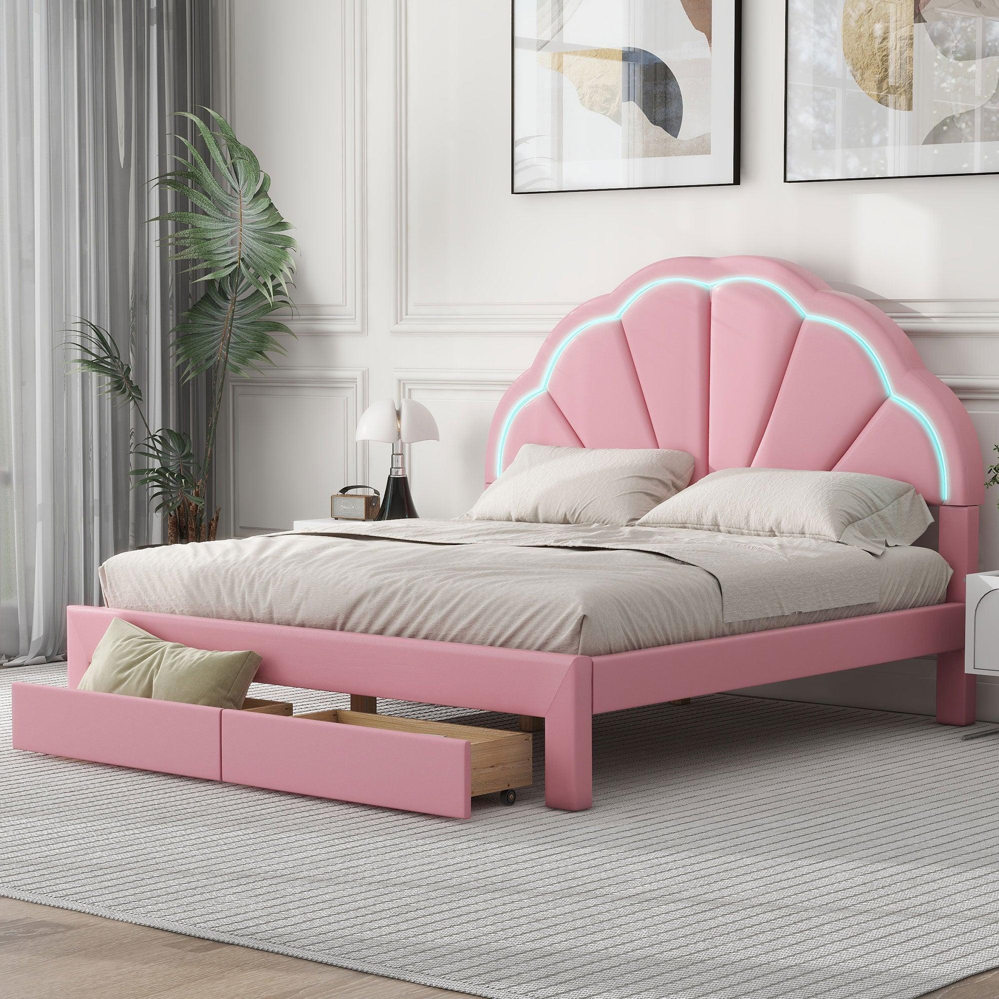 🆓🚛 Queen Size Upholstered Platform Bed With Seashell Shaped Headboard, Led & 2 Drawers, Pink