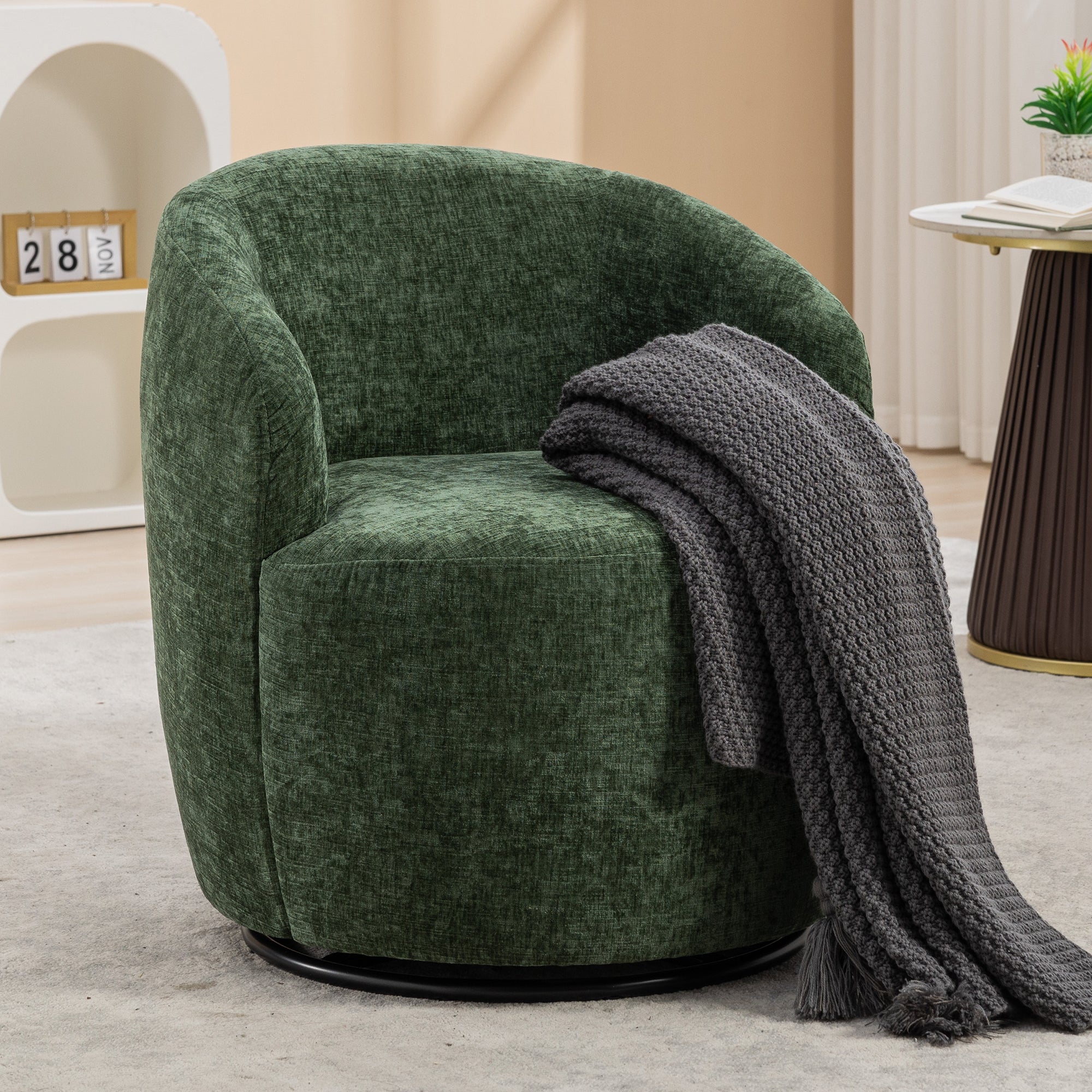 🆓🚛 Chenille Fabric Swivel Accent Armchair Barrel Chair With Black Powder Coating Metal Ring, Green