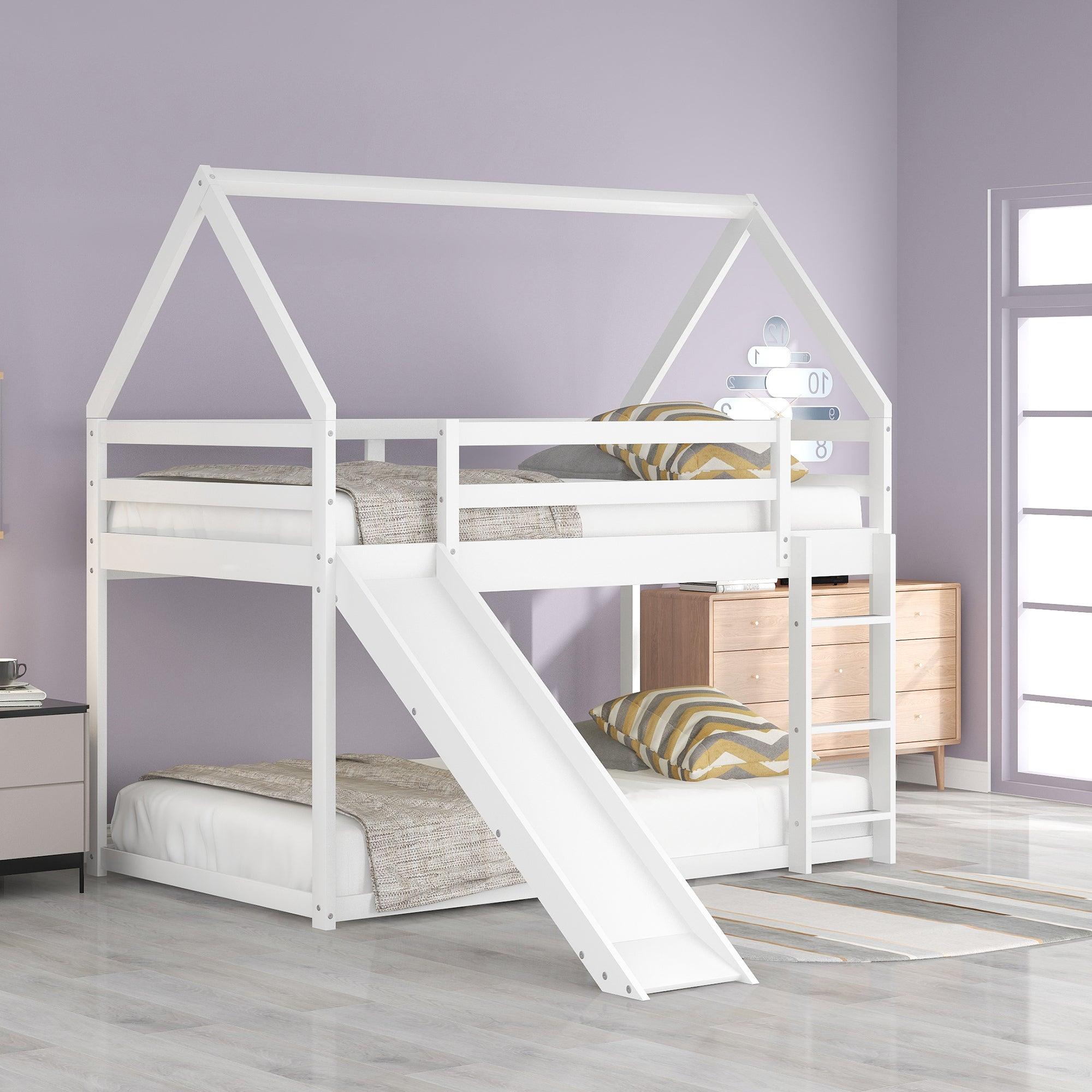 🆓🚛 Twin Size Bunk House Bed With Slide & Ladder, White