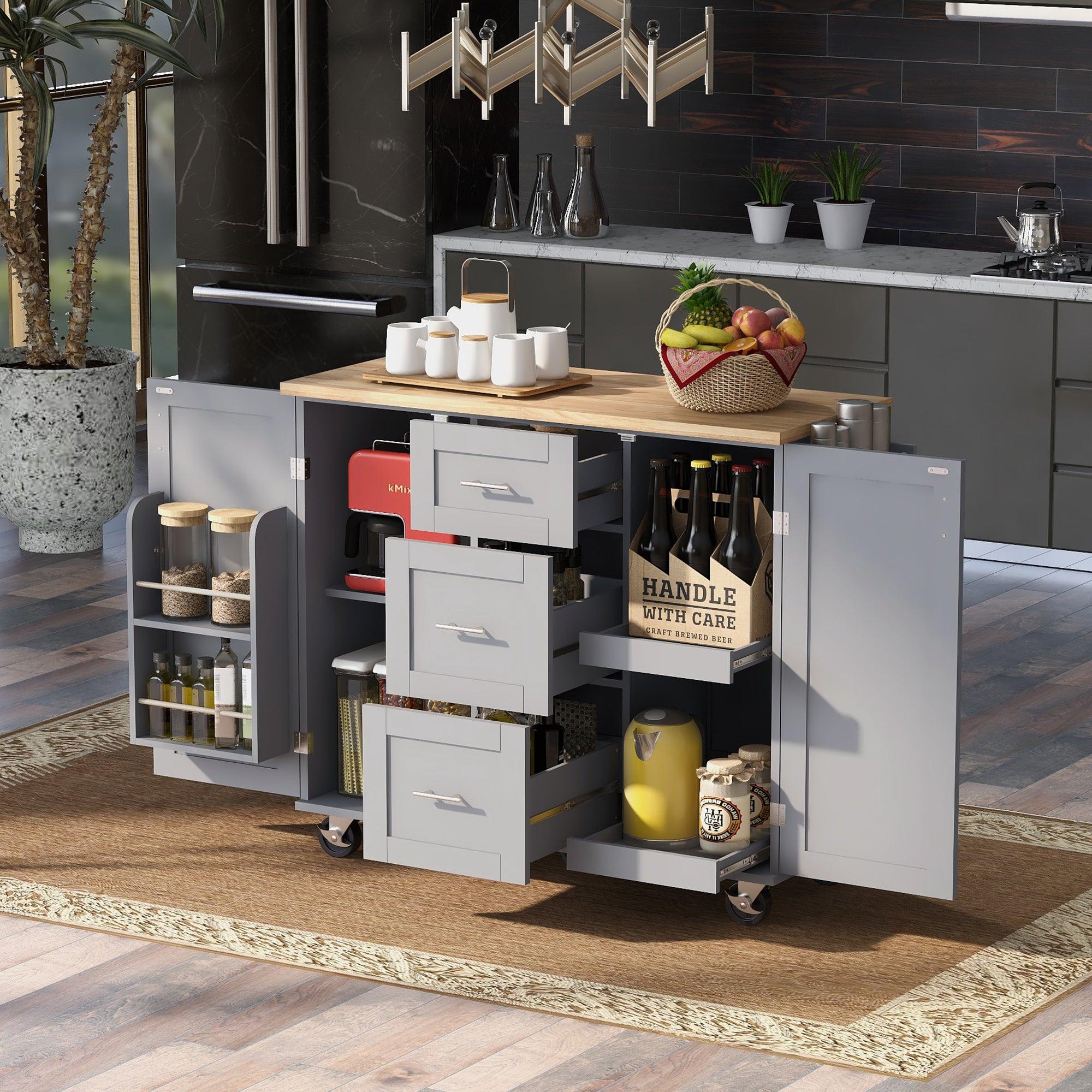 🆓🚛 Rolling Kitchen Island With Storage, Rubber Wood Top, 3 Drawer, 2 Slide-Out Shelf & Internal Storage Rack, Spice Rack & Tower Rack, Gray Blue