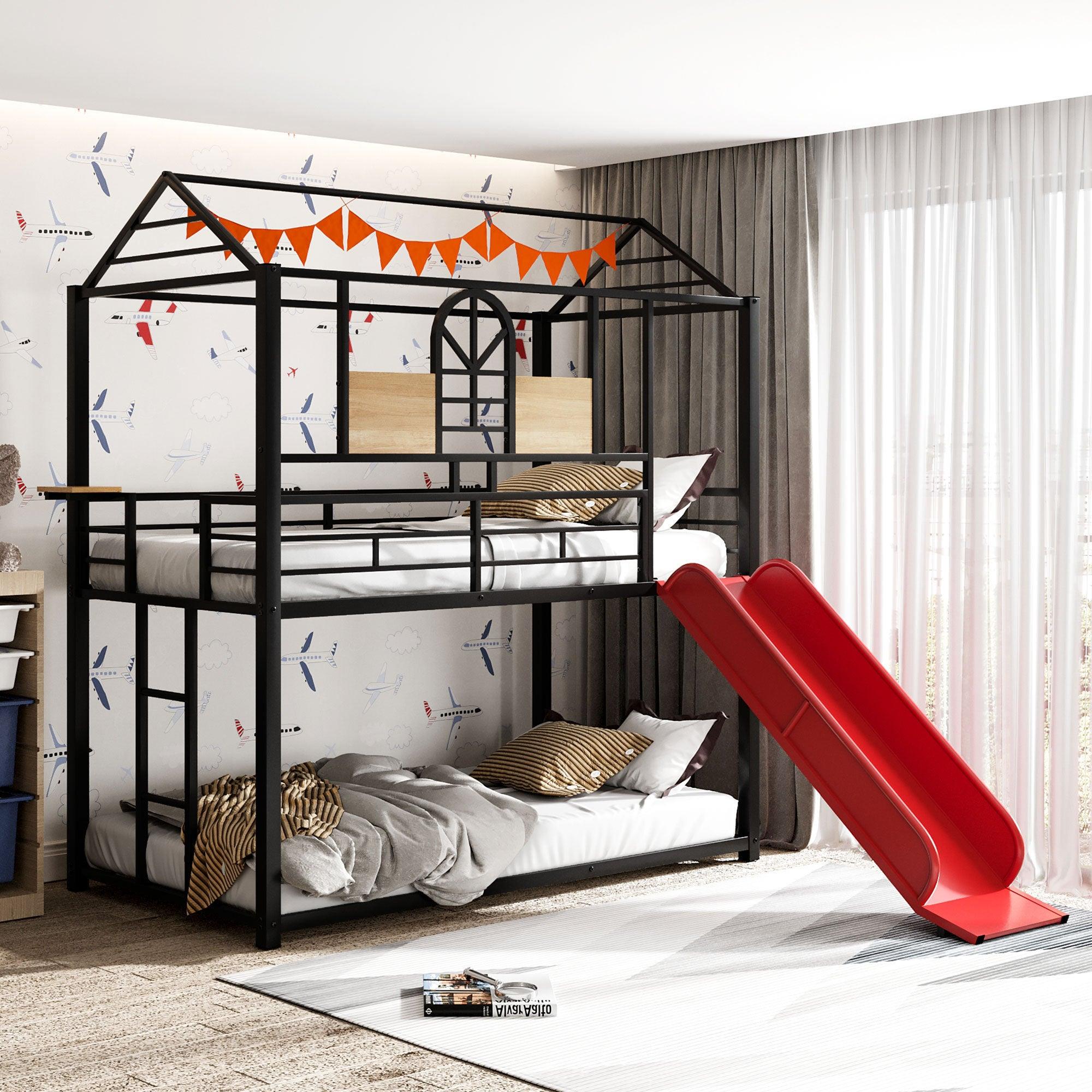 🆓🚛 Twin Over Twin Metal Bunk Bed, Metal Housebed With Slide, Black With Red Slide