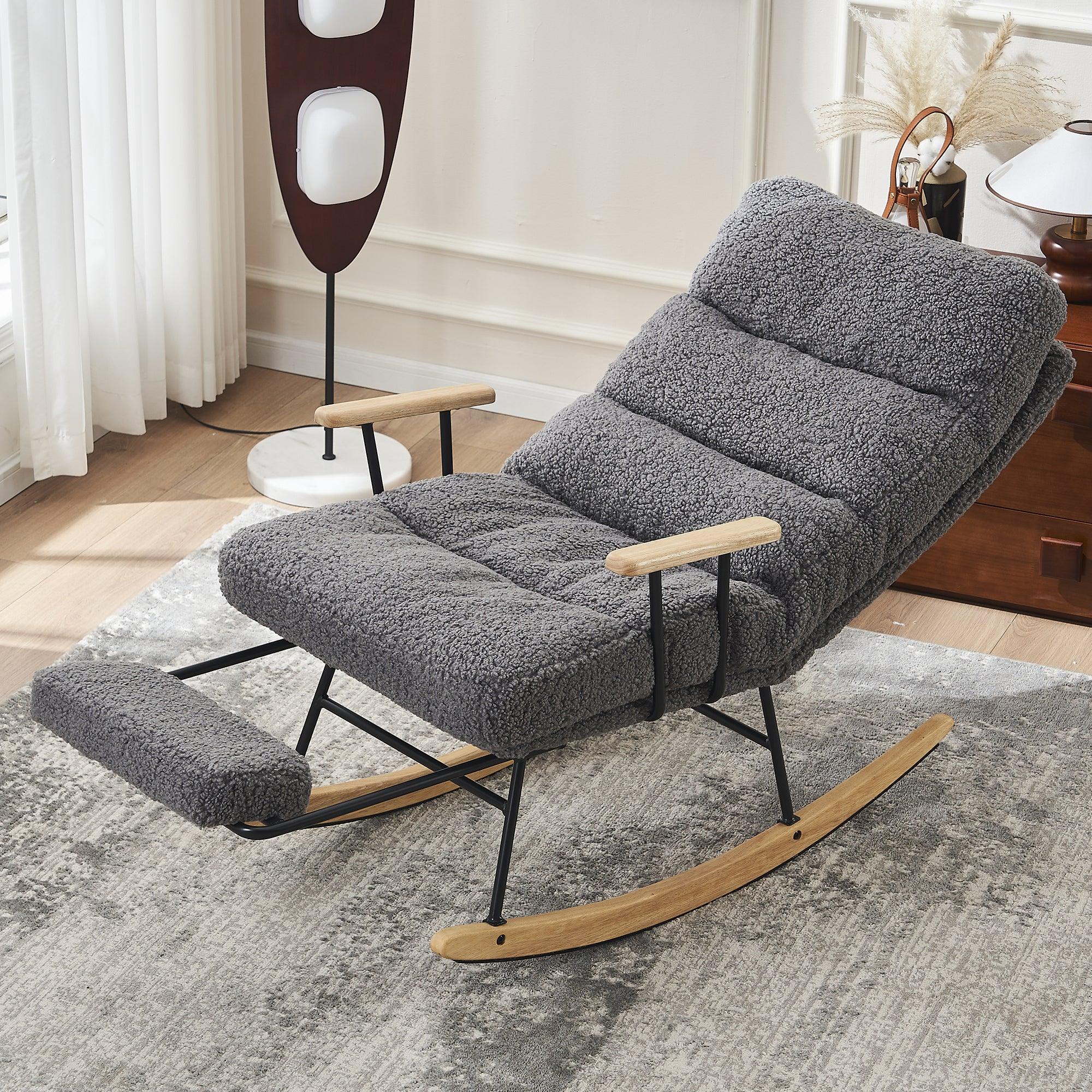 🆓🚛 Modern Teddy Gliding Rocking Chair With High Back, Retractable Footrest, & Adjustable Back Angle for Nursery, Living Room, & Bedroom, Gray