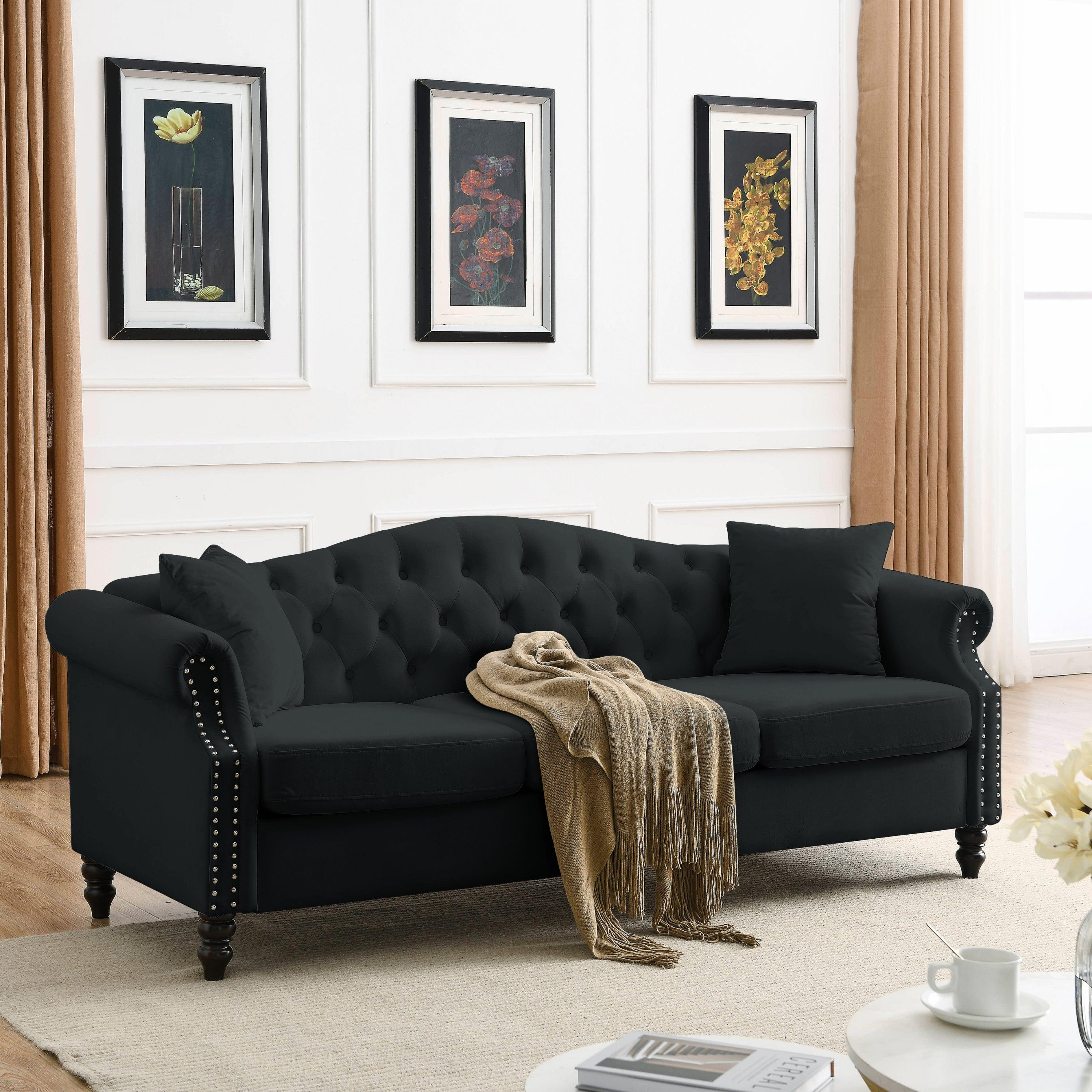 🆓🚛 79" Chesterfield Sofa Black Velvet for Living Room, 3 Seater Sofa Tufted Couch With Rolled Arms & Nailhead for Living Room, Bedroom, Office, Apartment, Two Pillows