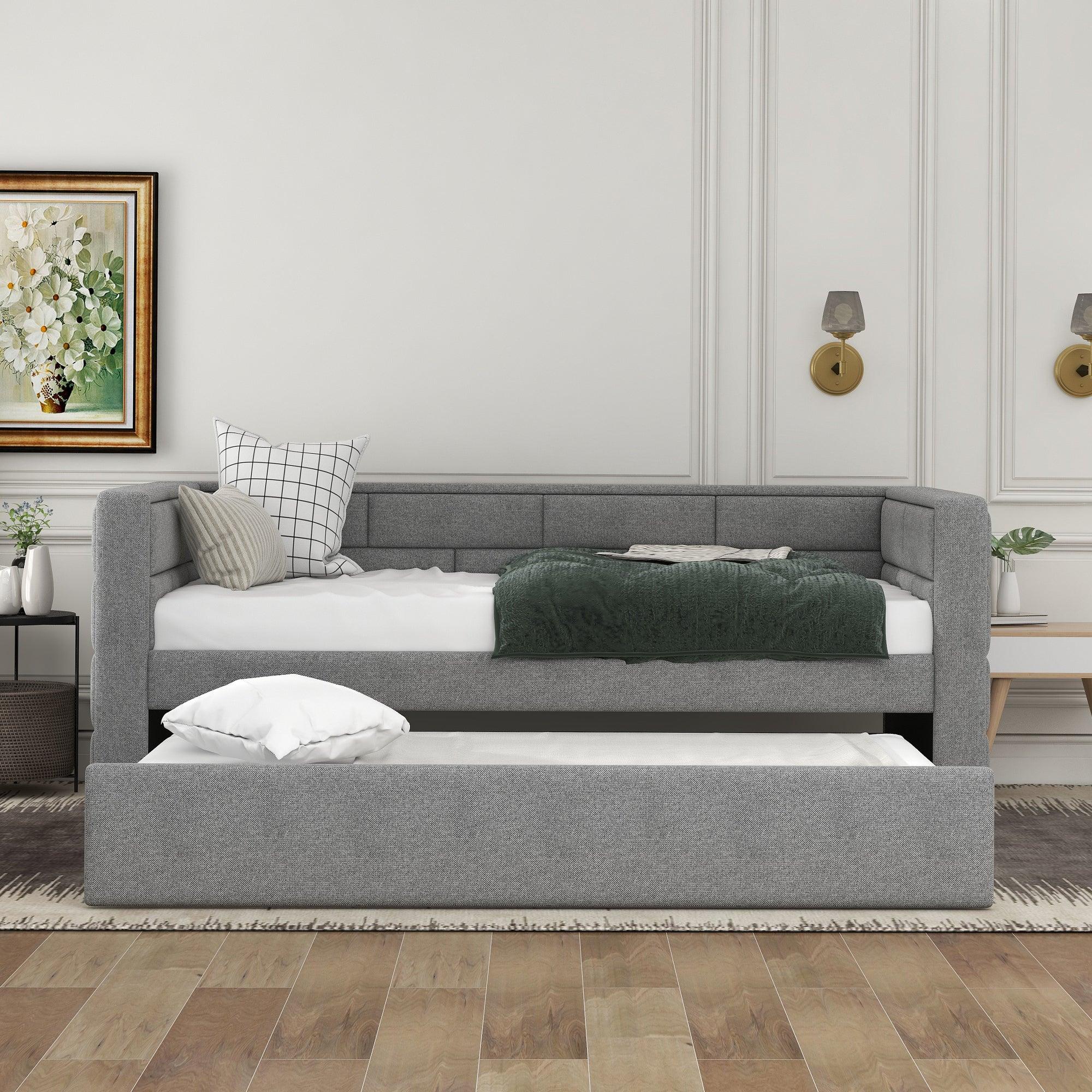 🆓🚛 Twin Size Daybed With Trundle, Upholstered Daybed With Padded Back, Gray