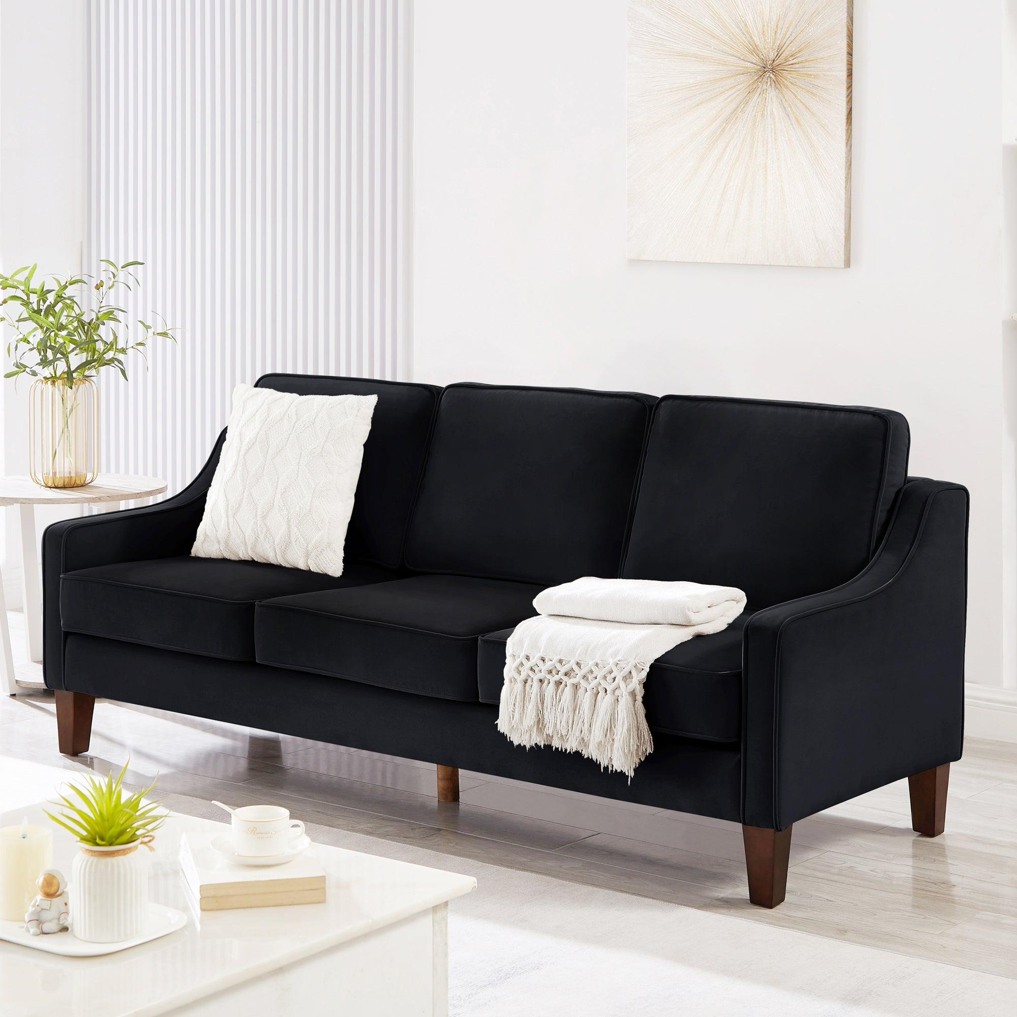 🆓🚛 Modern Upholstered Velvet 3-Seat Sofa With Removable Cushions for Living Room & Bedroom, Black