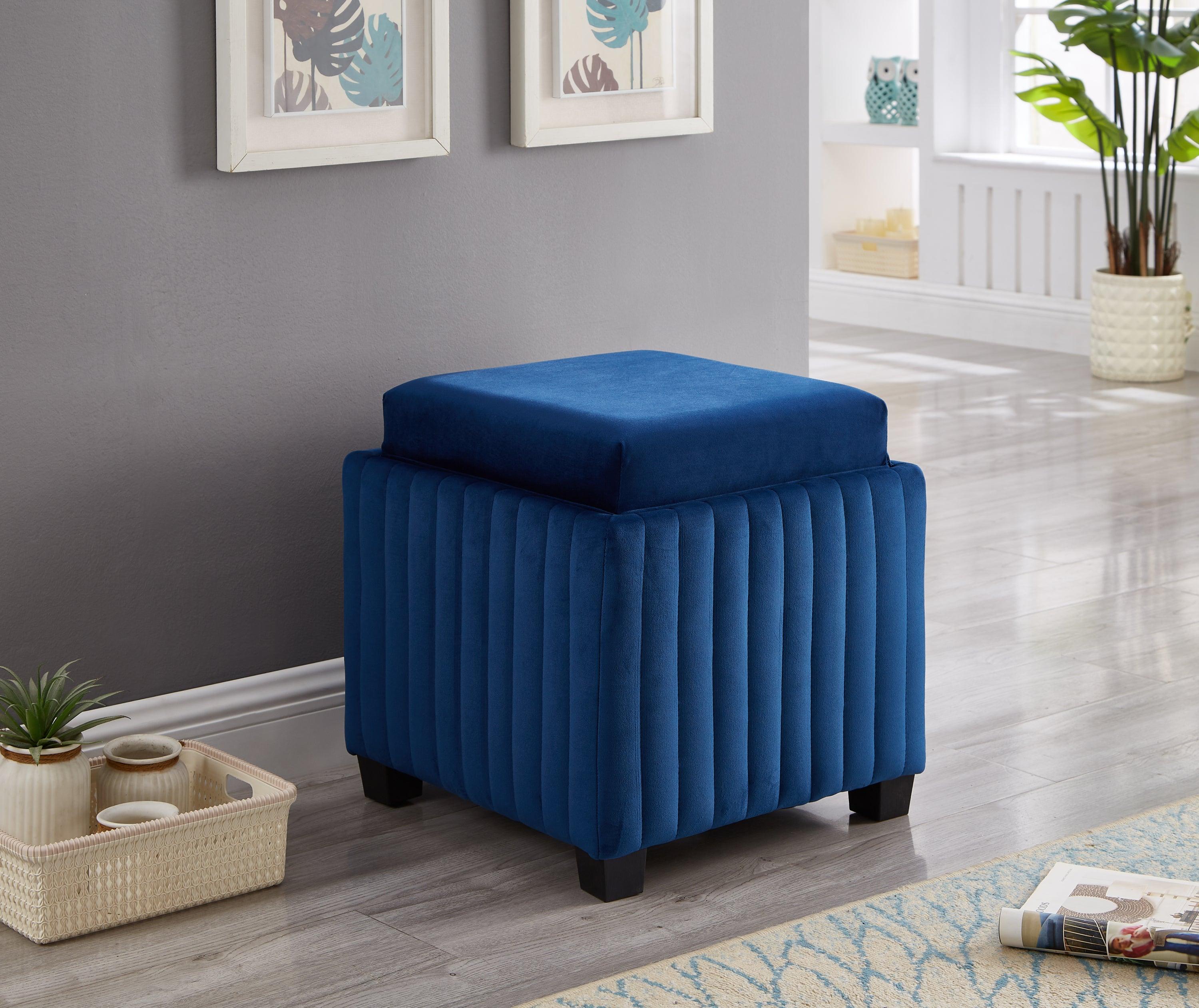 18" Wide Velvet Contemporary Square Cube Storage Ottoman, Blue