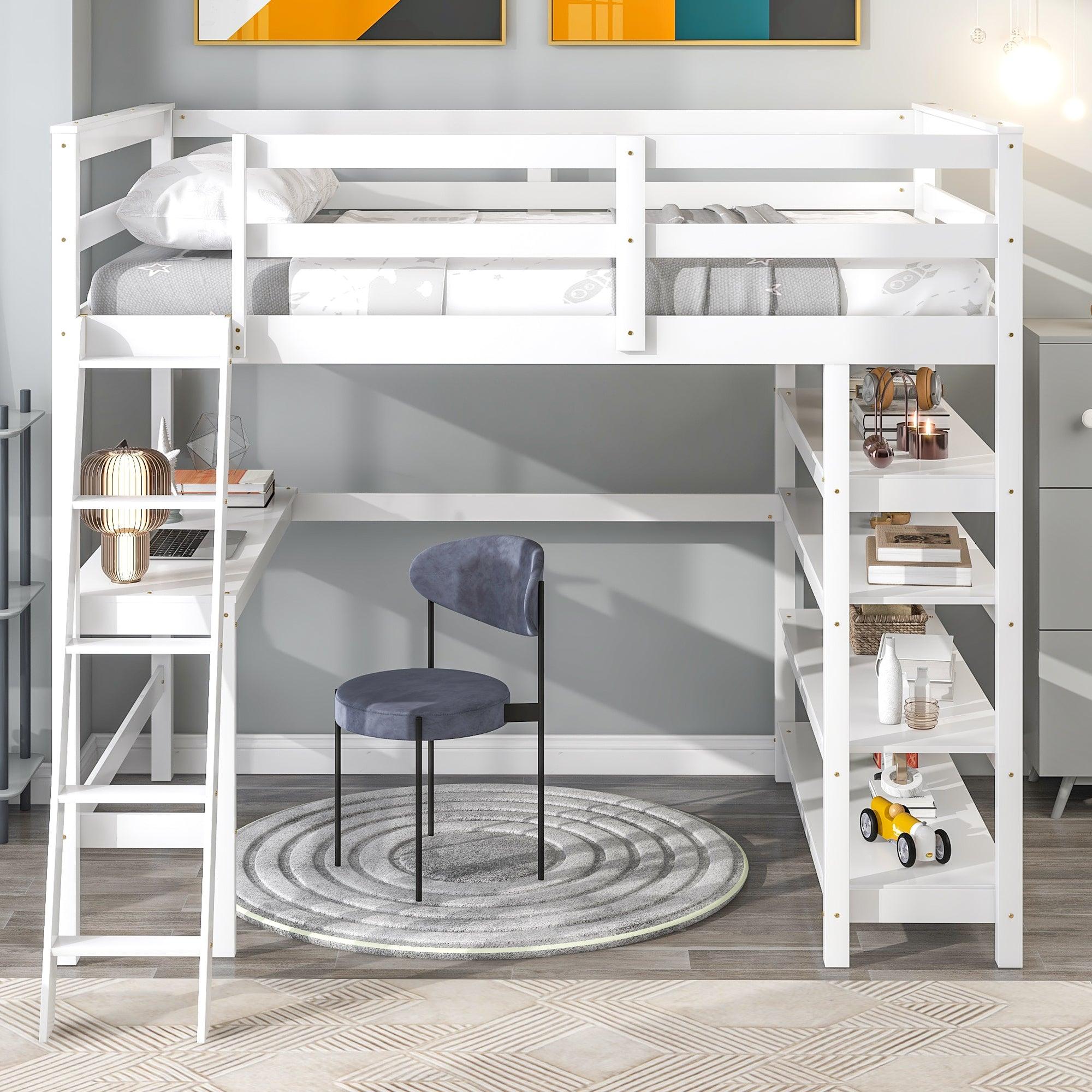 🆓🚛 Loft Bed Full With Desk, Ladder & Shelves, White