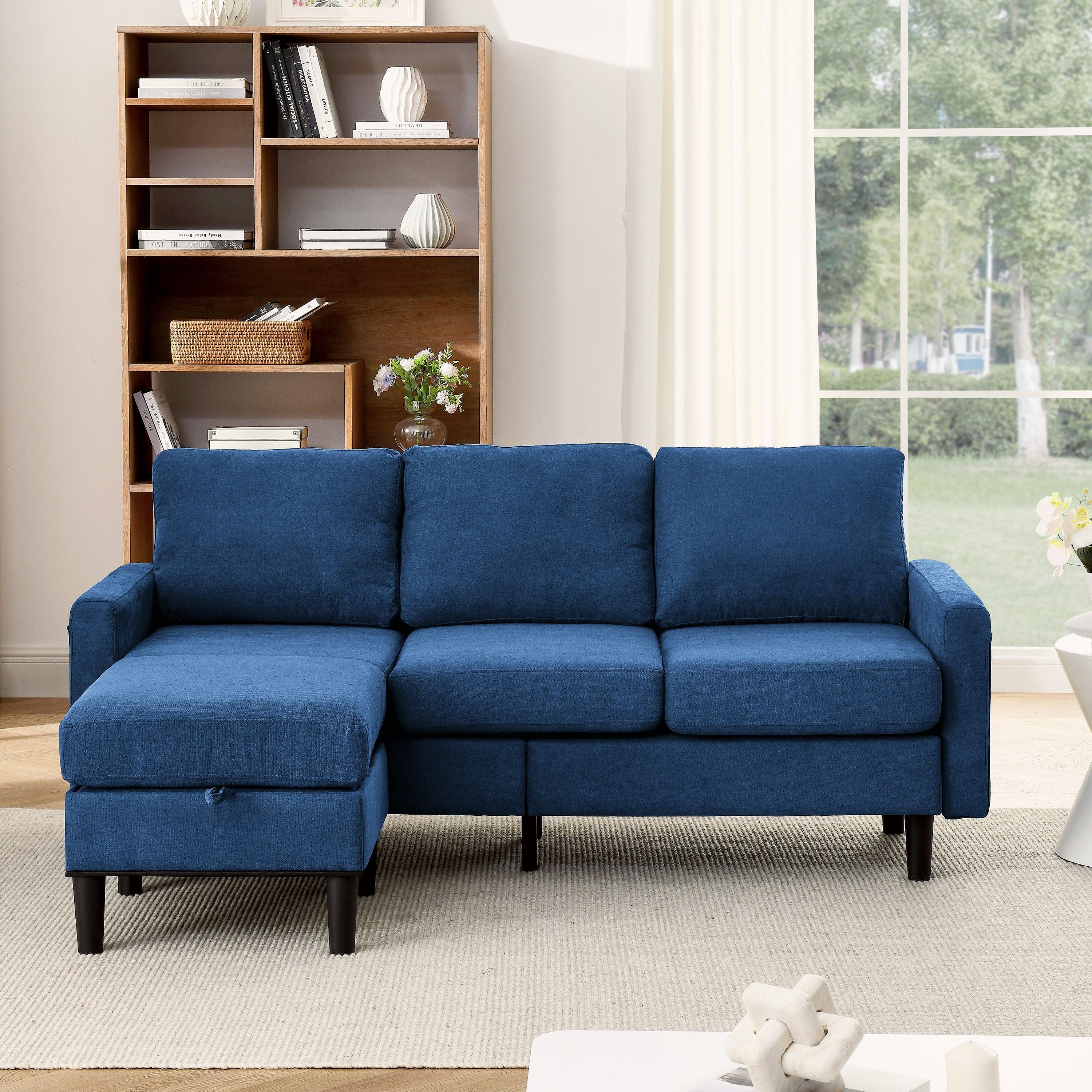 🆓🚛 Upholstered Sectional Sofa Couch, L Shaped Couch With Storage Reversible Ottoman Bench 3 Seater for Living Room, Apartment, Compact Spaces, Fabric Navy Blue