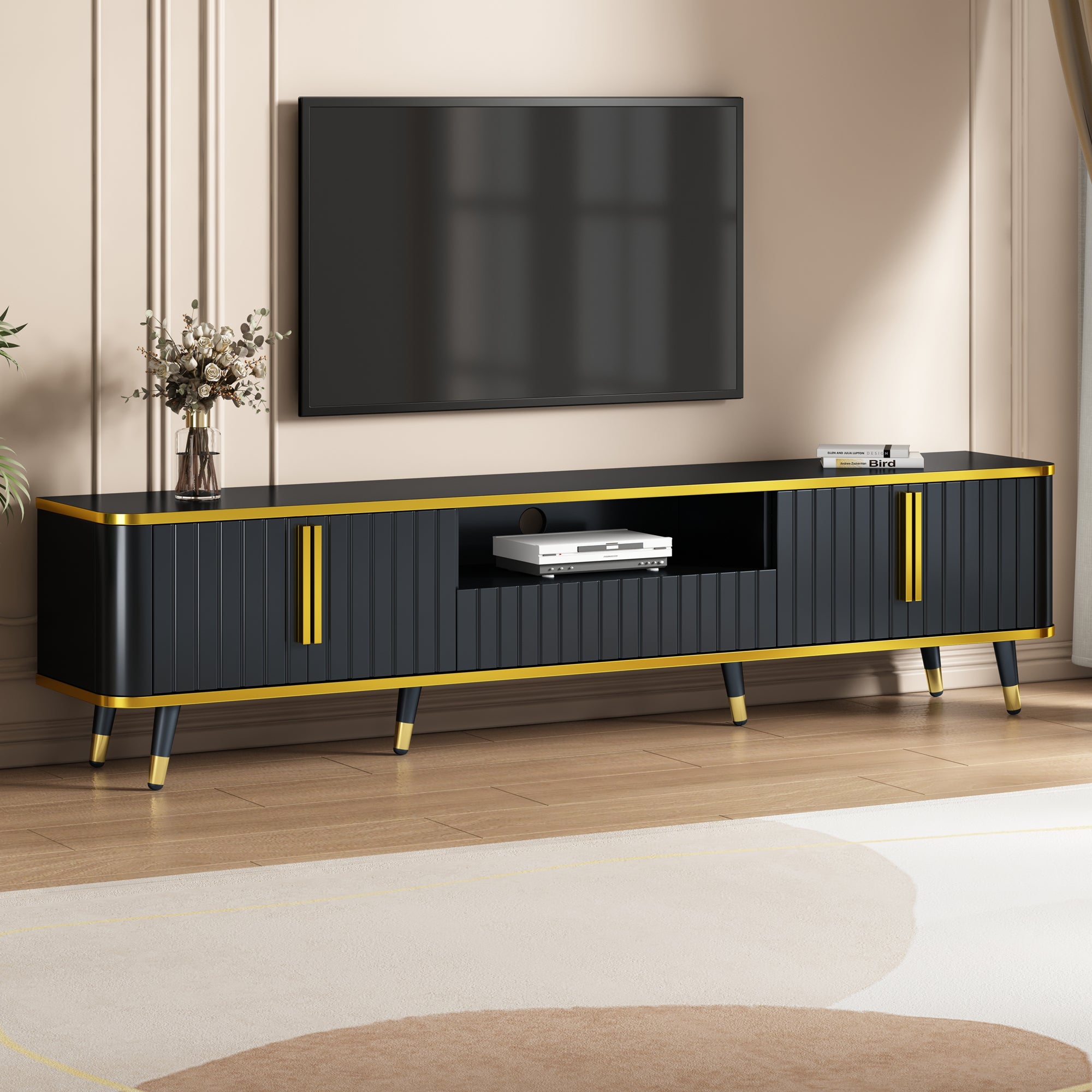 🆓🚛 Luxury Minimalism TV Stand With Open Storage Shelf for TV's Up To 85", Entertainment Center With Cabinets and Drawers, Black