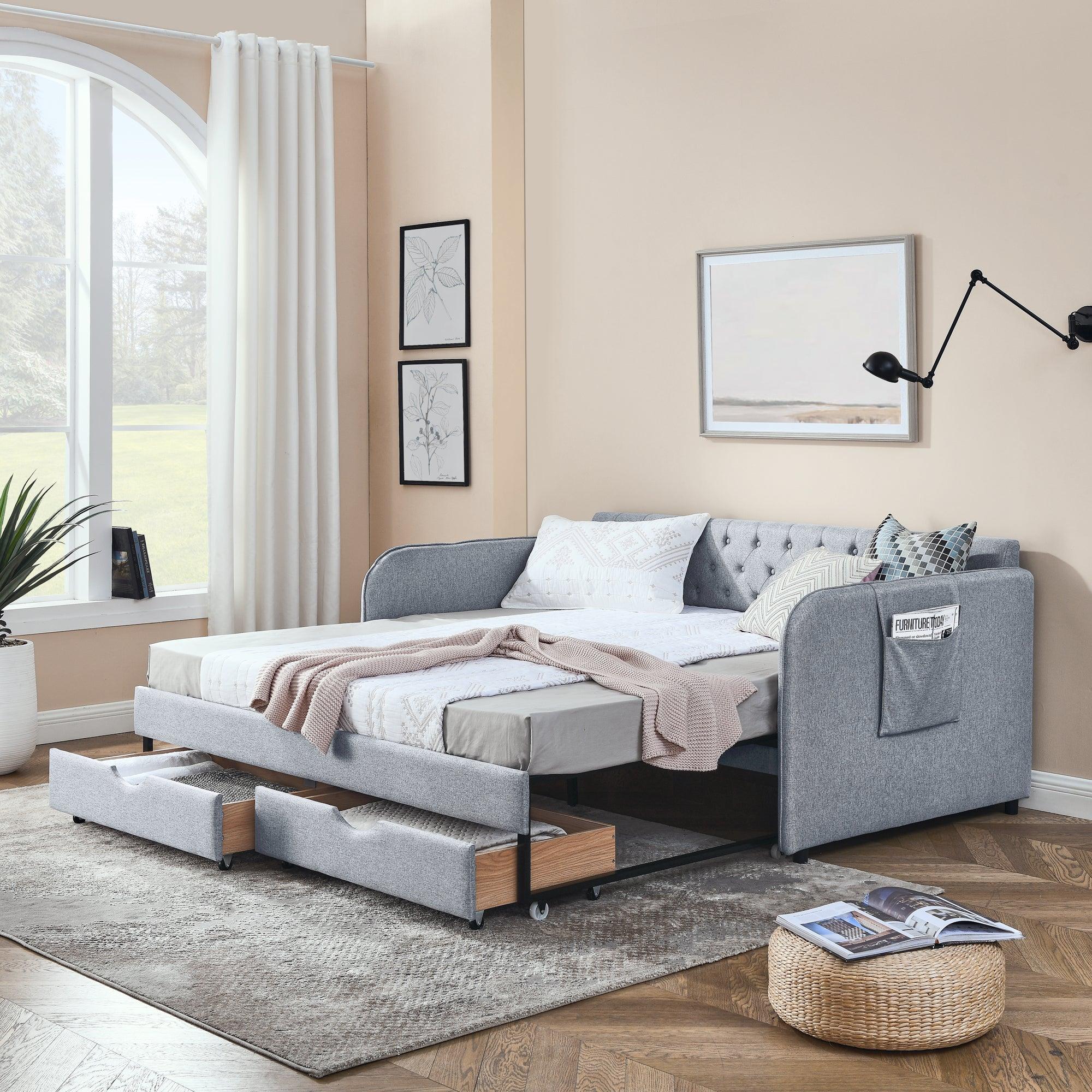 🆓🚛 Twin Size Upholstery Daybed With Trundle Bed & Two Storage Drawers, Flat Arms With Pocket, Extendable Daybed for Bedroom Living Room, Linen Gray