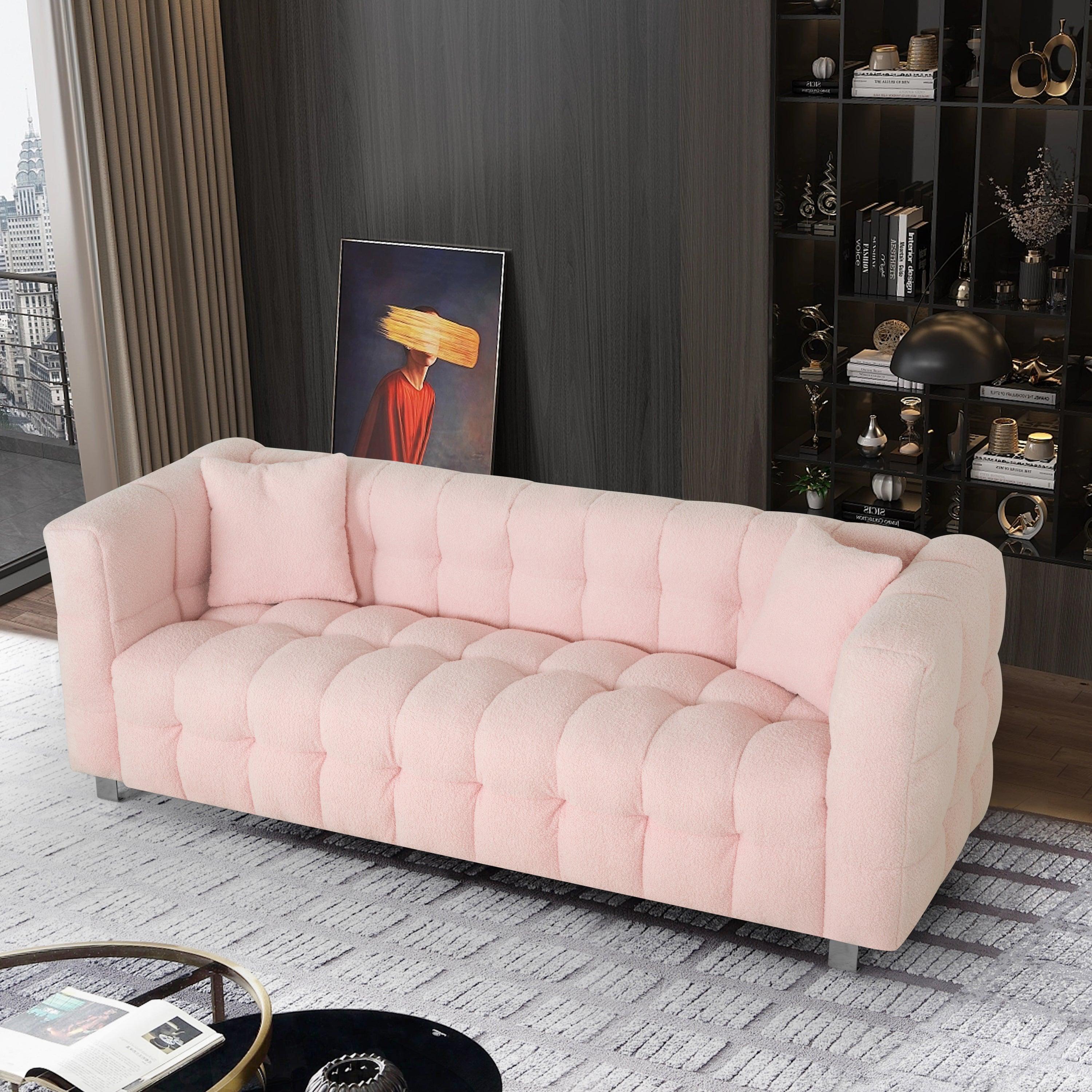 🆓🚛 80" Pink Teddy Fleece Sofa With Two Throw Pillows, Hardware Foot Support