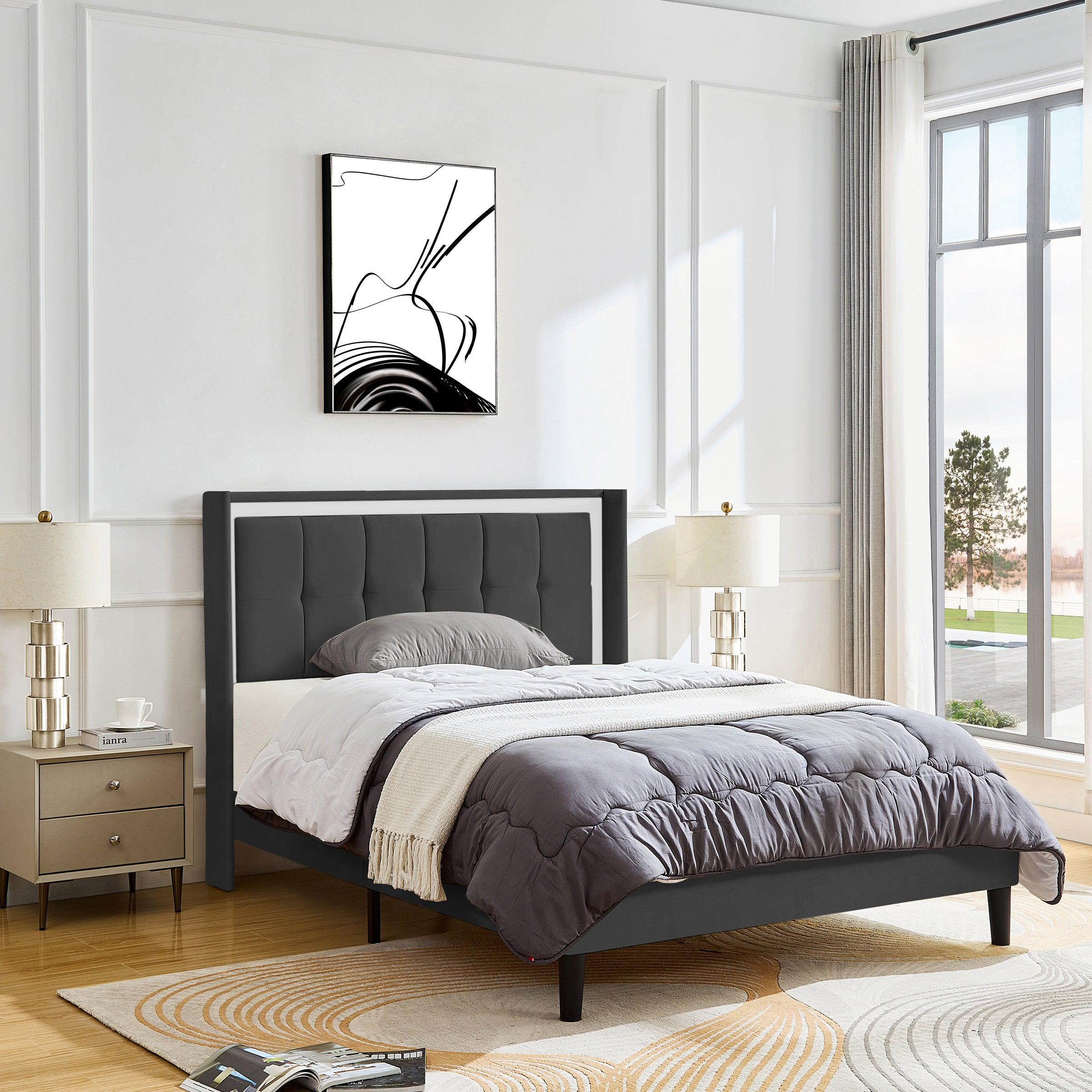 🆓🚛 Queen Size Upholstered Platform Bed Frame With Headboard and Sturdy Wooden Slats, High Load-Bearing Capacity, Non-Slip and Noiseless, No Springs Required, Easy To Assemble, Dark Gray Bed