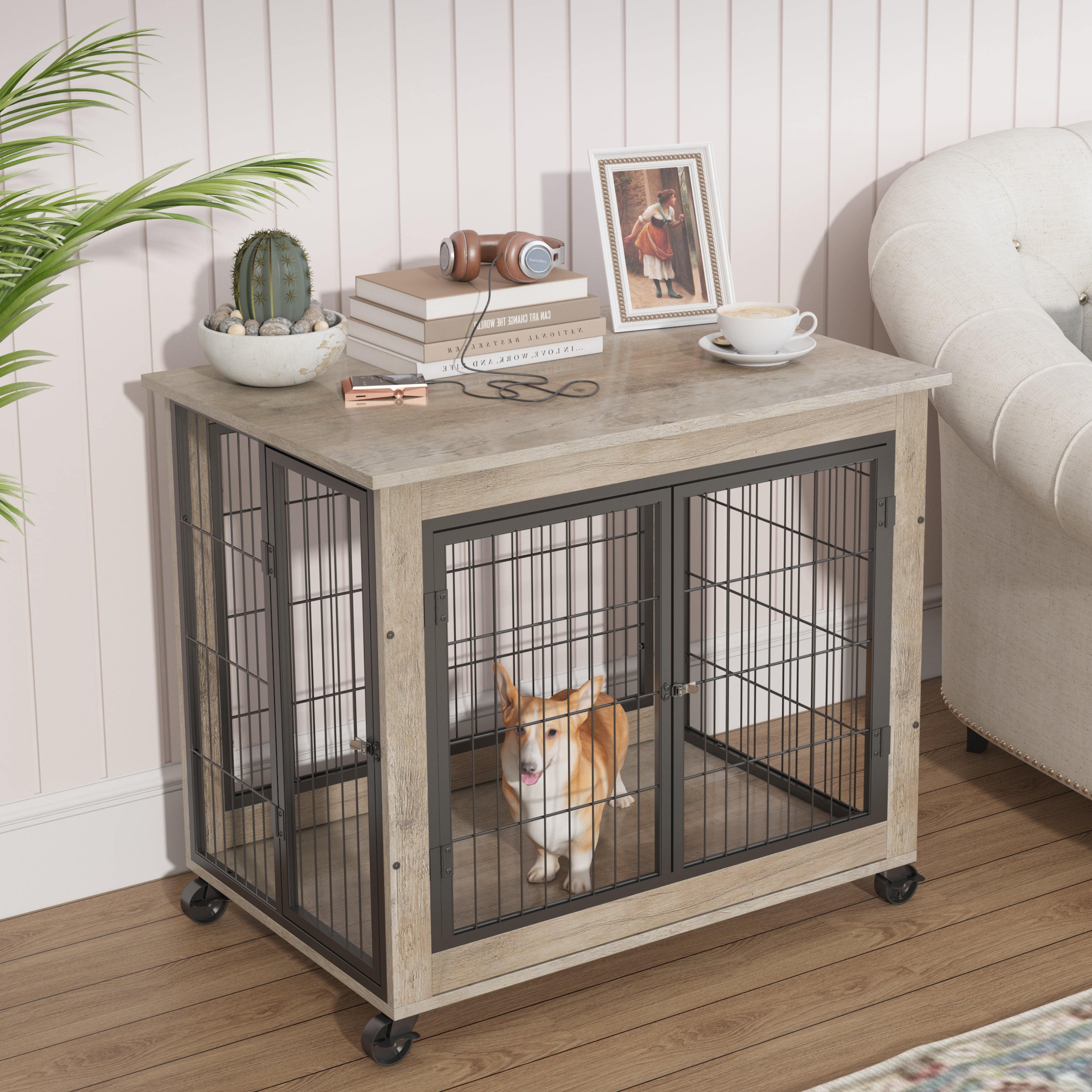 🆓🚛 Furniture Dog Cage Crate With Double Doors On Casters, Gray, 31.50'' W X 22.05'' D X 24.8'' H.