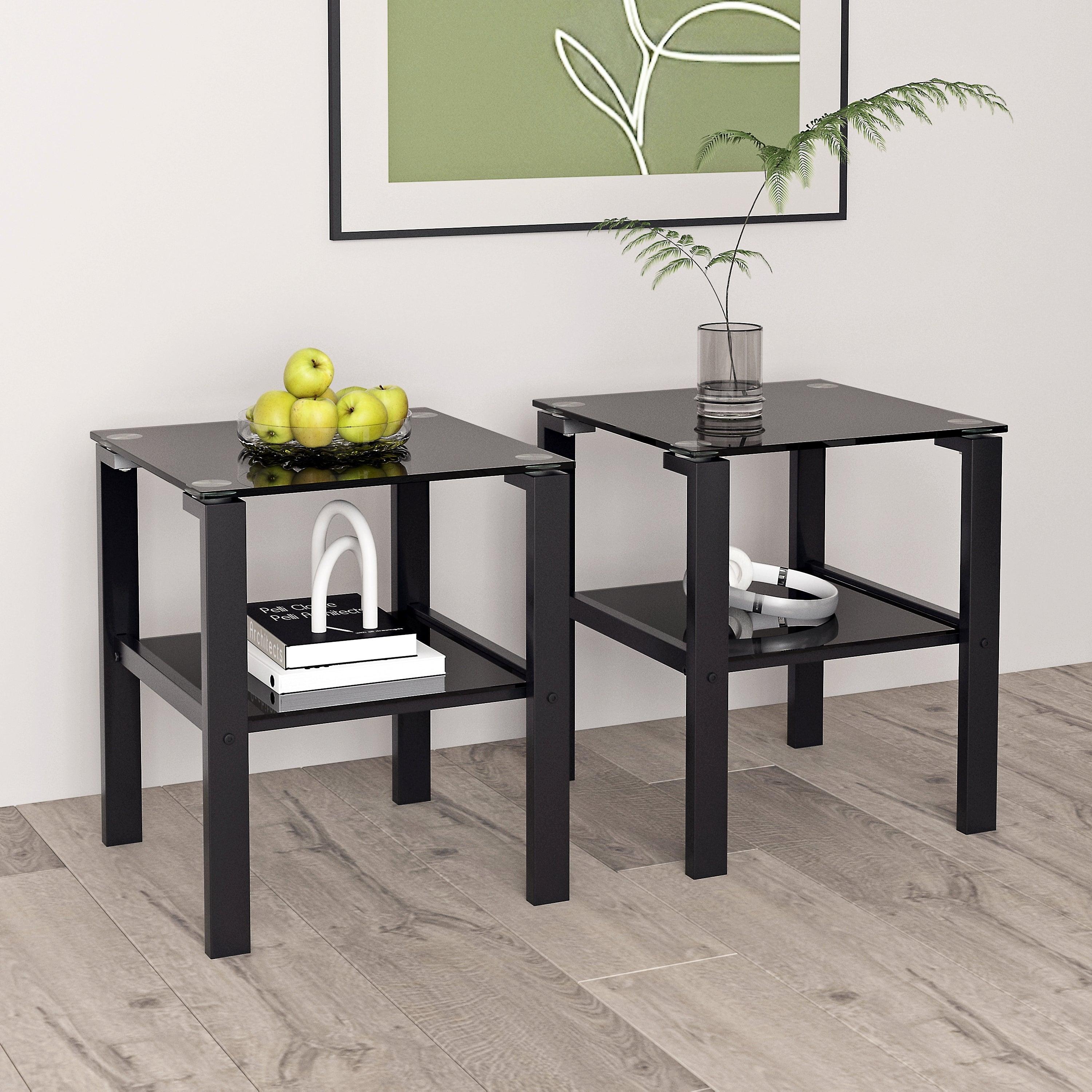 🆓🚛 Set Of 2, Glass Two Layer Tea Table, Small Round Table, Bedroom Corner Table, Living Room Side Table, Black
