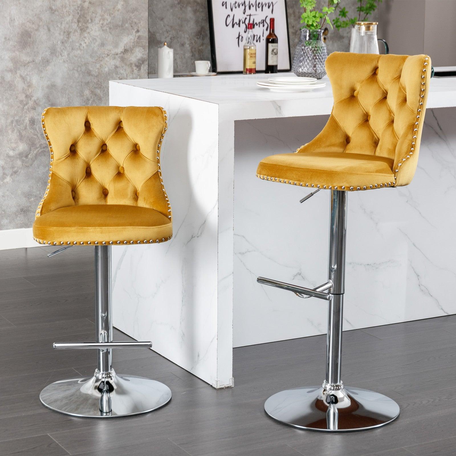 🆓🚛 Swivel Velvet Barstools Adjusatble Seat Height From 25-33 Inch, Modern Upholstered Chrome Base Bar Stools With Backs Comfortable Tufted for Home Pub & Kitchen Island（Gold, Set Of 2）