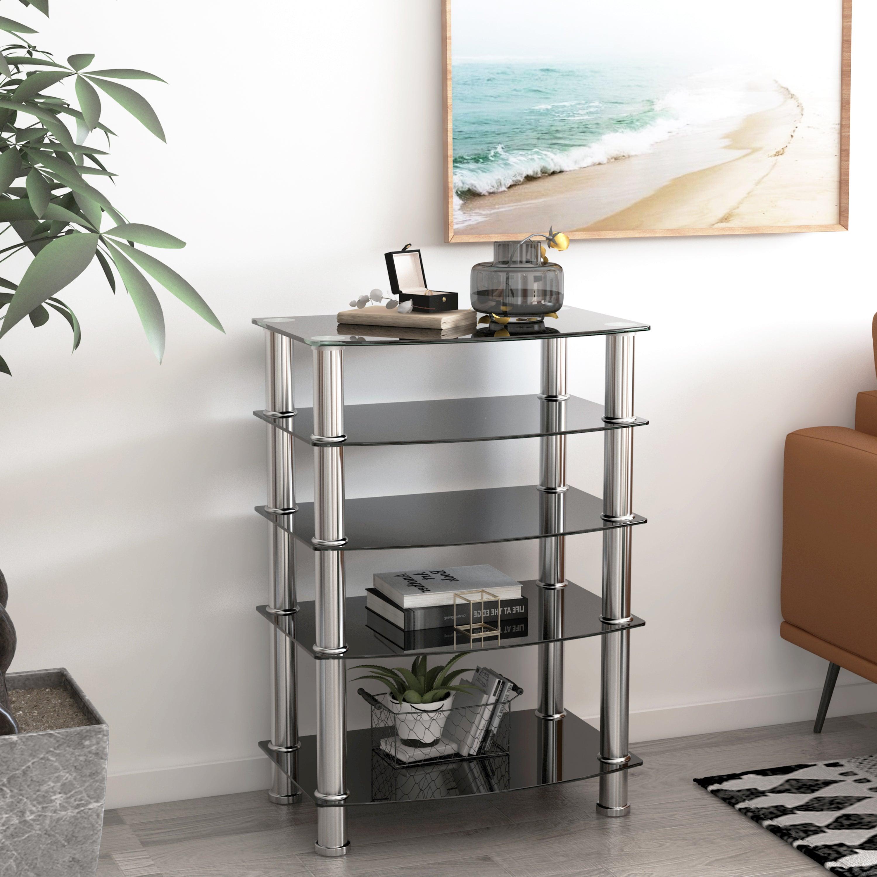 🆓🚛 5-Tier Tempered Glass Side Table Stainless Steel Frame End Table for Living Room, Bedroom, Black