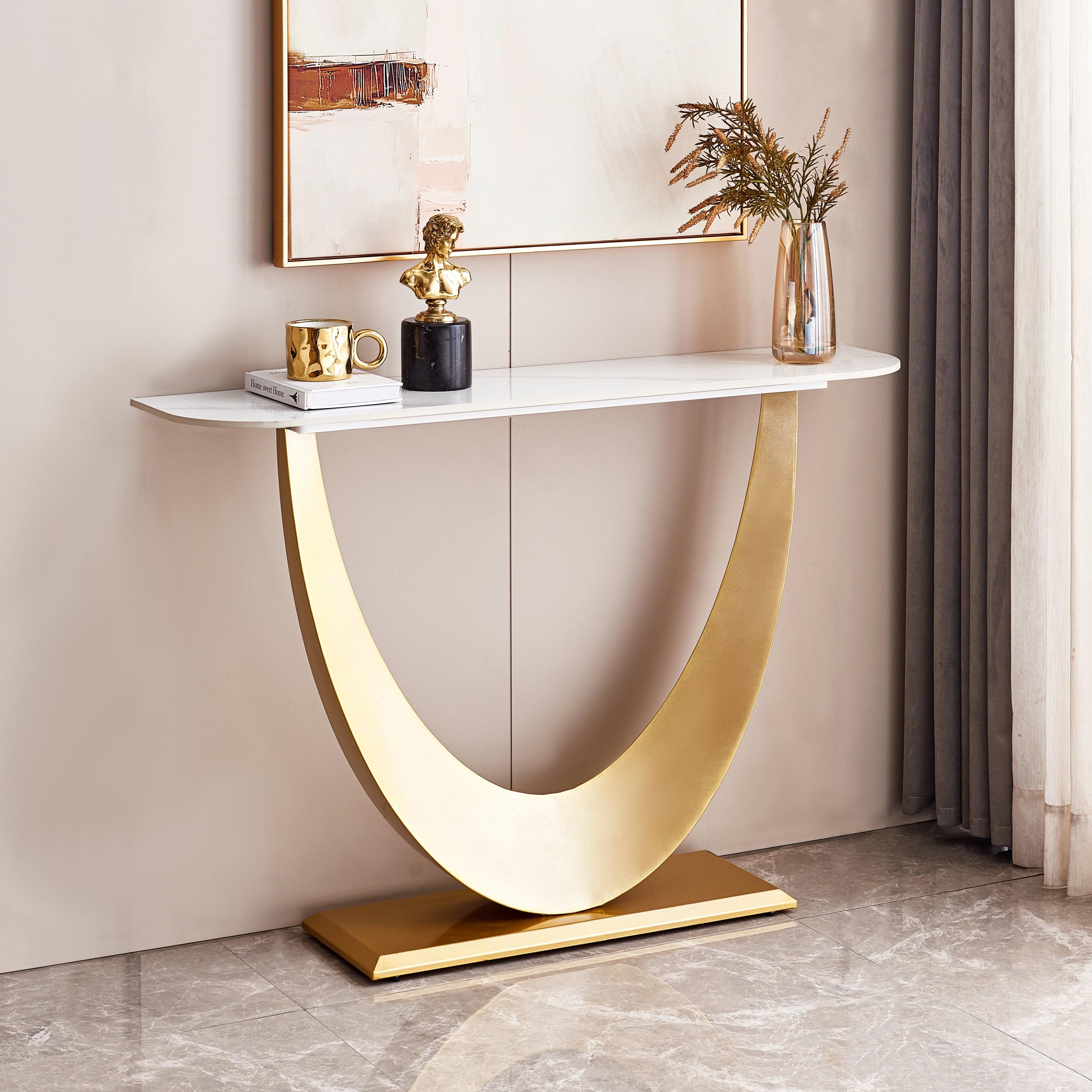 🆓🚛 Modern Console Table, Exquisite Shape Design, Metal Frame With Adjustable Foot Pads for Entrance, Corridor, Living Room & Office.(Gold)