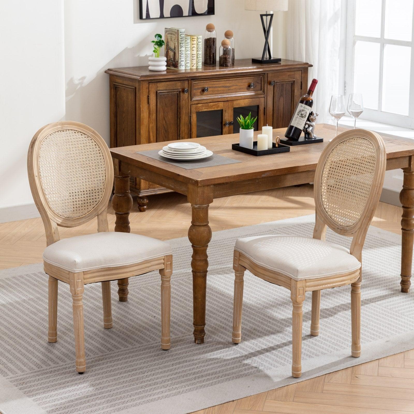 🆓🚛 French Style Solid Wood Frame Antique Painting Linen Fabric Rattan Back Dining Chair, Set Of 2, Cream, Beige