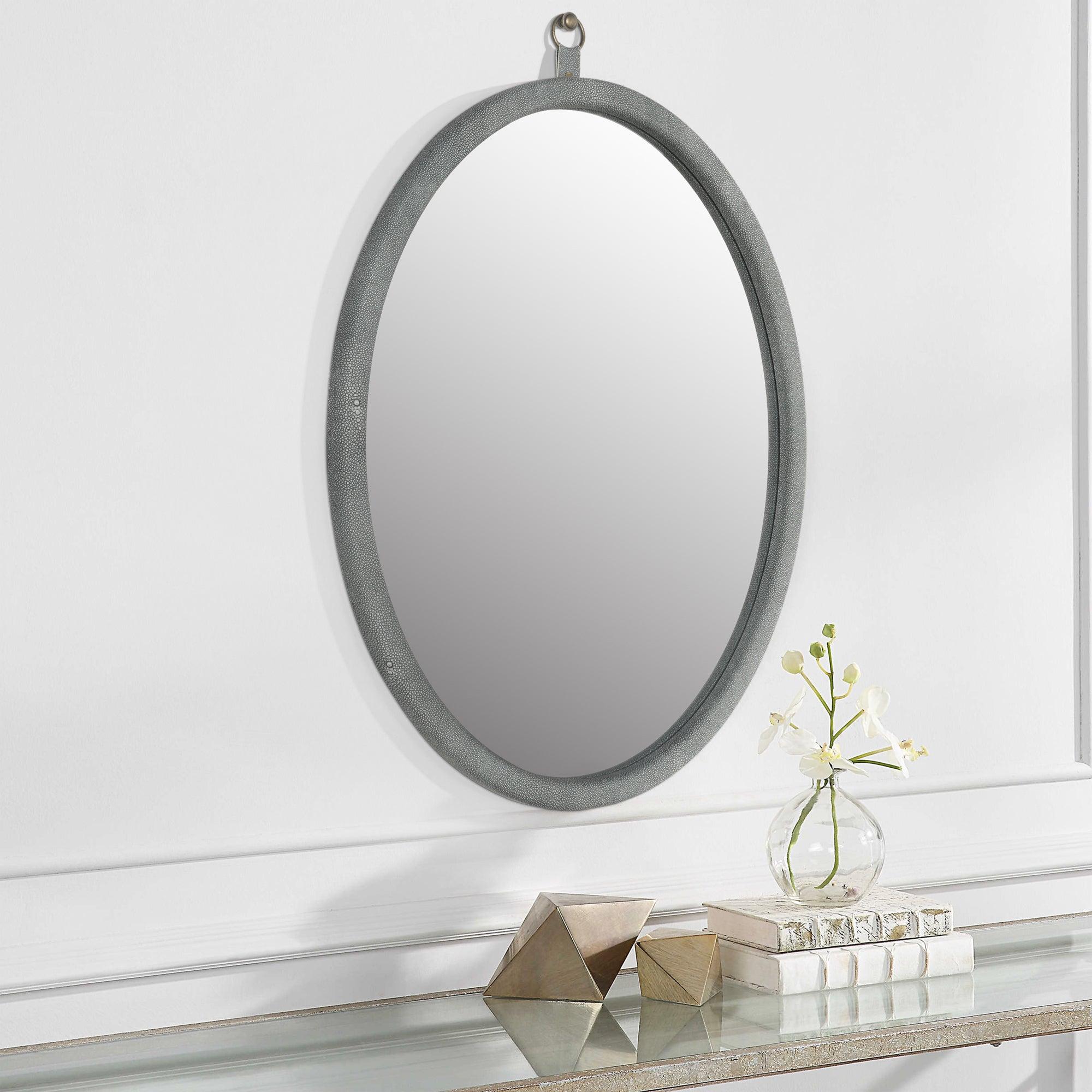 🆓🚛 Oval Shagreen Decorative Wall Hanging Mirror, Pu Covered Mdf Framed Mirror for Bedroom Living Room Vanity Entryway Wall Decor, 23.62X29.92"