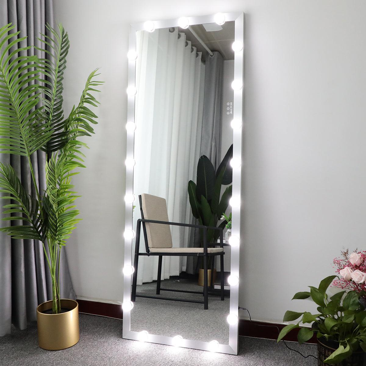 🆓🚛 Modern Wall Standing Bedroom Hotel Full Length Mirror With Led Bulbs Touch Control Whole Body Dressing Hollywood Vanity Mirror With 3 Color Lights