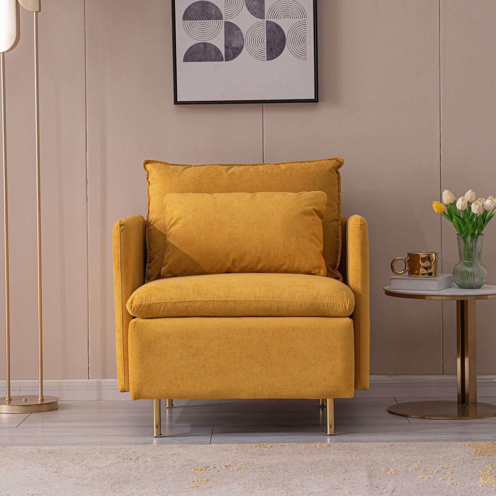 🆓🚛 Modern Fabric Accent Armchair, Upholstered Single Sofa Chair, Yellow Cotton Linen-30.7''