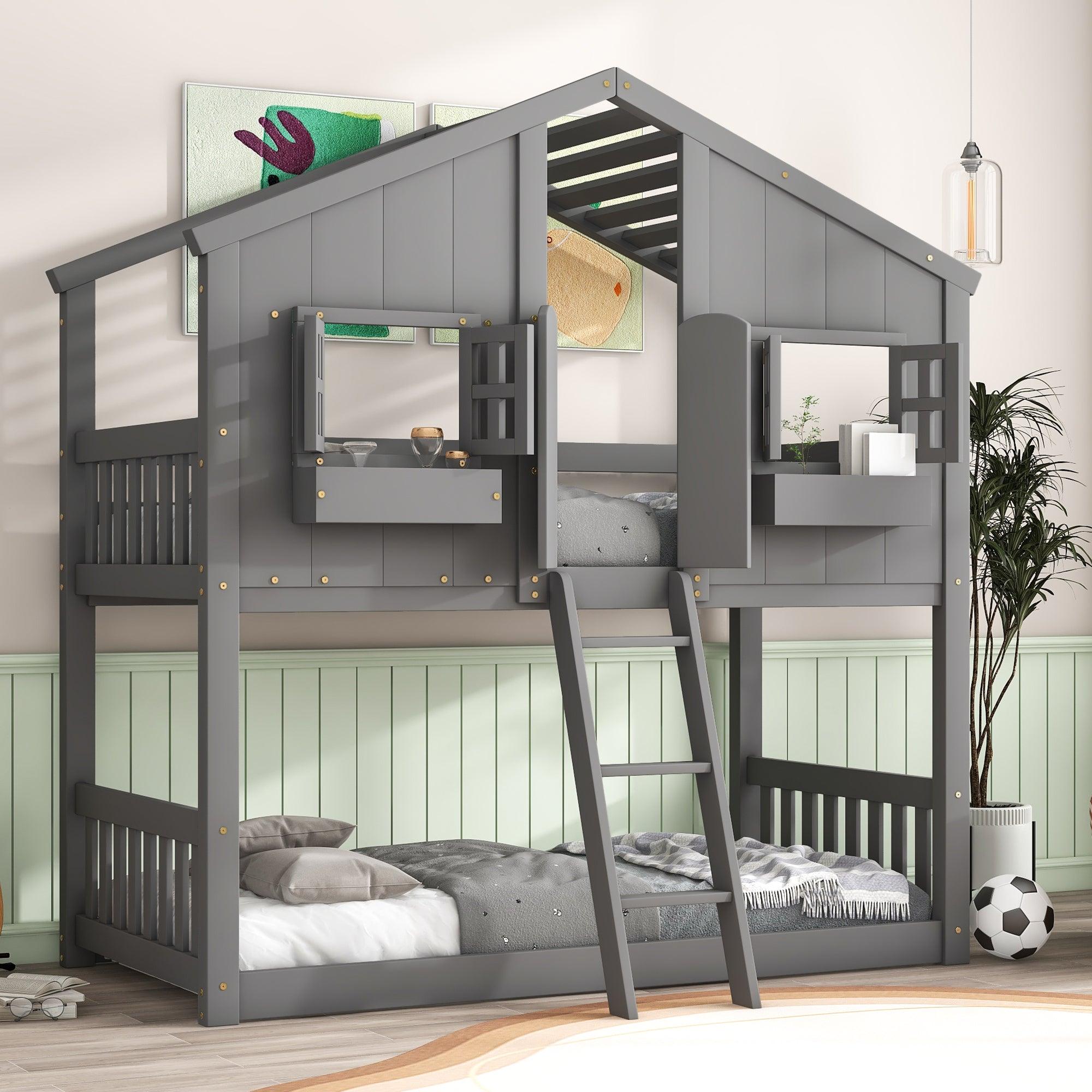 🆓🚛 Twin Over Twin House Bunk Bed With Roof, Window, Window Box, Door, Safety Guardrails & Ladder, Gray