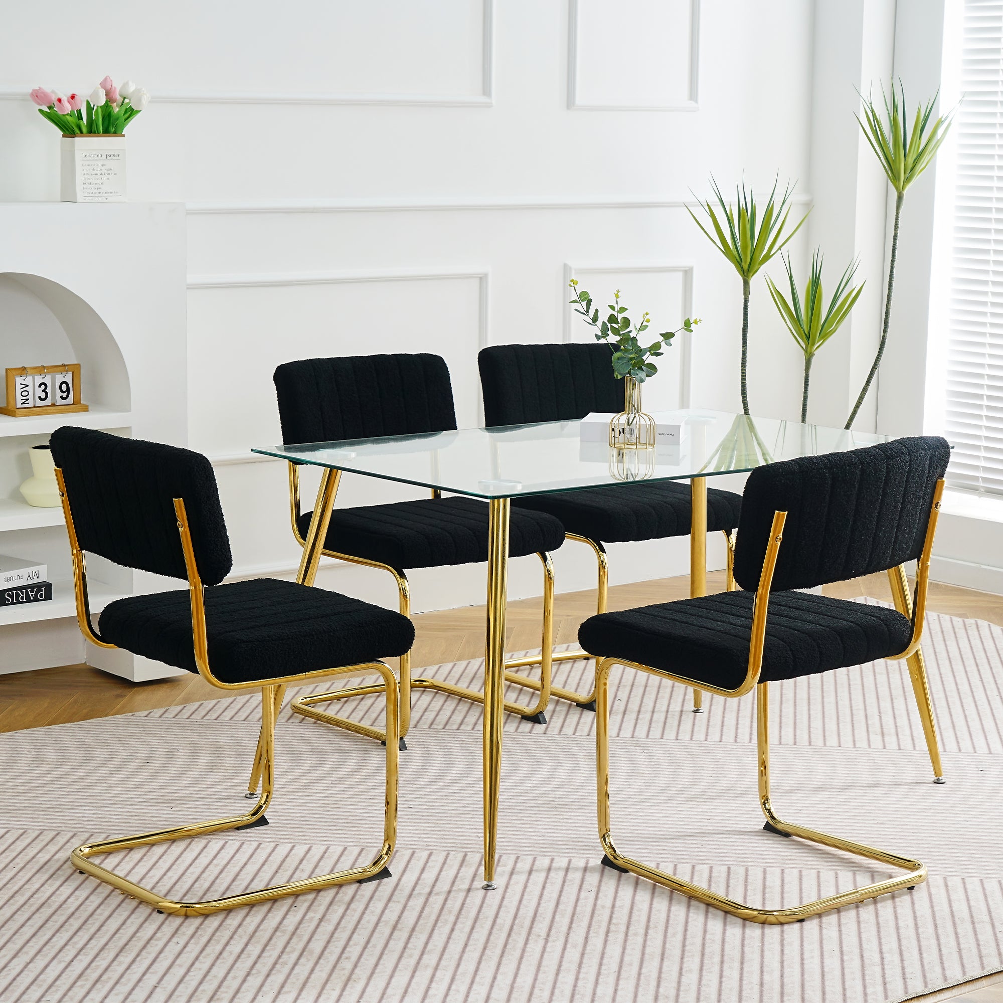 🆓🚛 Modern Simple Table and Chair Set, One Table and Four Chairs, Transparent Tempered Glass Top, Black Teddy Dining Chairs Golden Legs