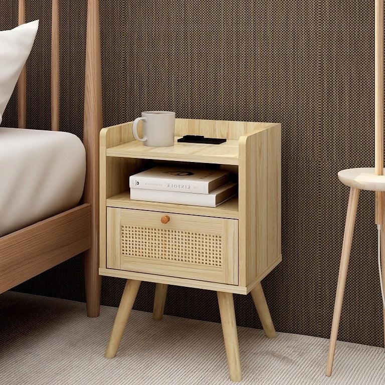 🆓🚛 Natural Handmade Rattan Nightstand With 1 Ac Outlet, 2 Usb Ports, 1 Type C Port, End Table, Side Table Bedside End Accent With Solid Wood Feet