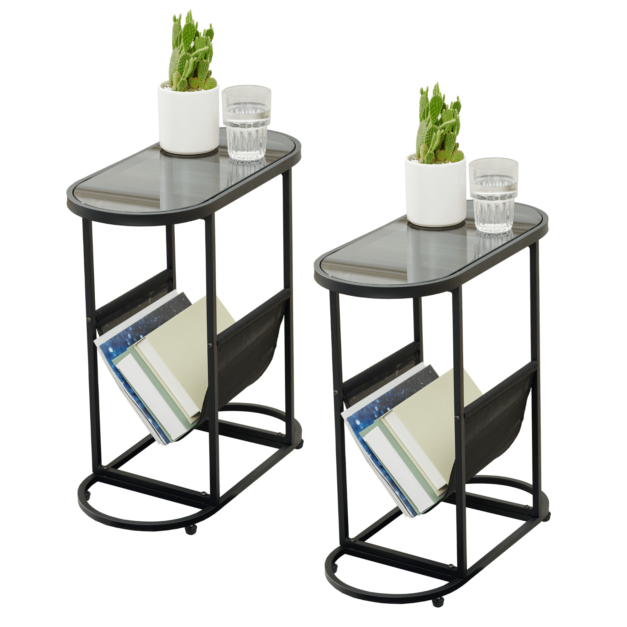 🆓🚛 Glass Oval Small Side Tables Living Room Small Space With Magazines Organizer Storage Space (Set Of 2)