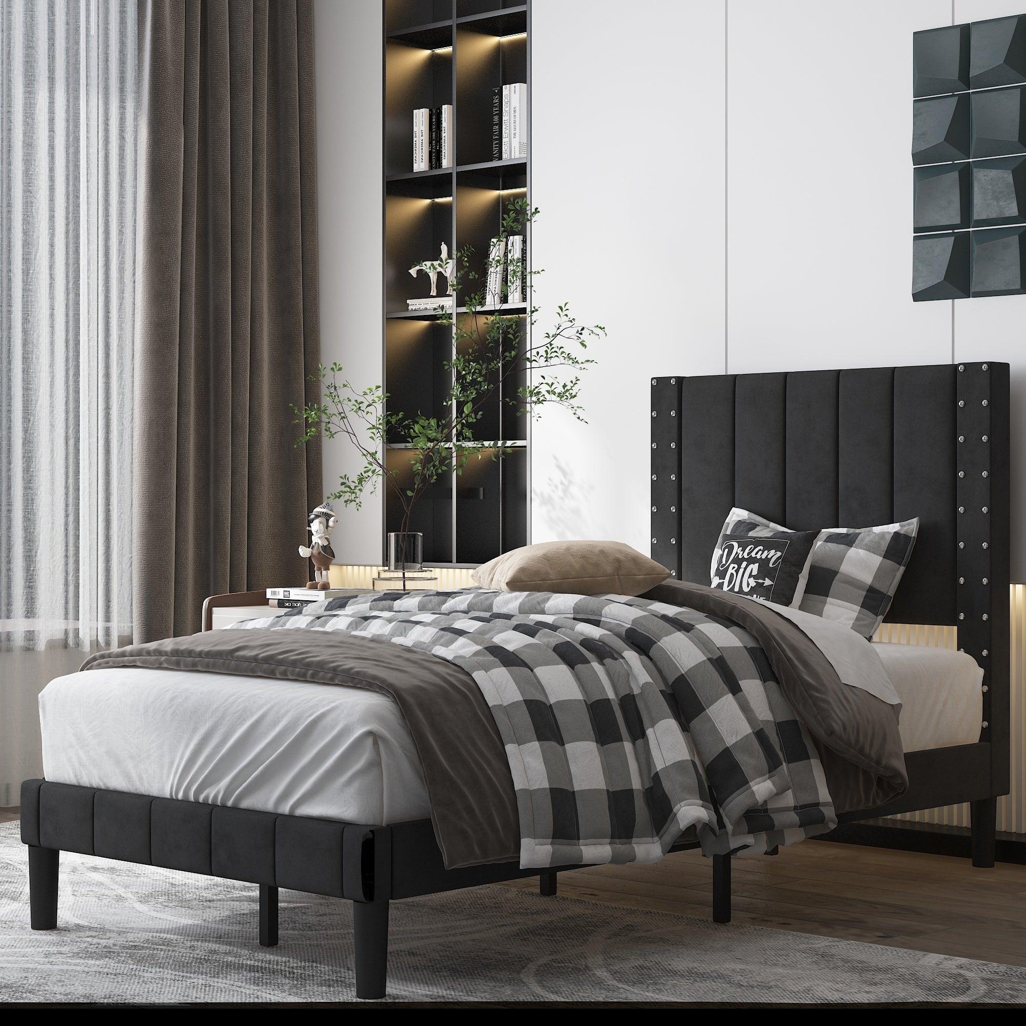 🆓🚛 Vertical Stripe Upholstered Headboard Platform Bed Frame，With Wood Slat Support, Easy Assembly, Twin/Full/Queen Black