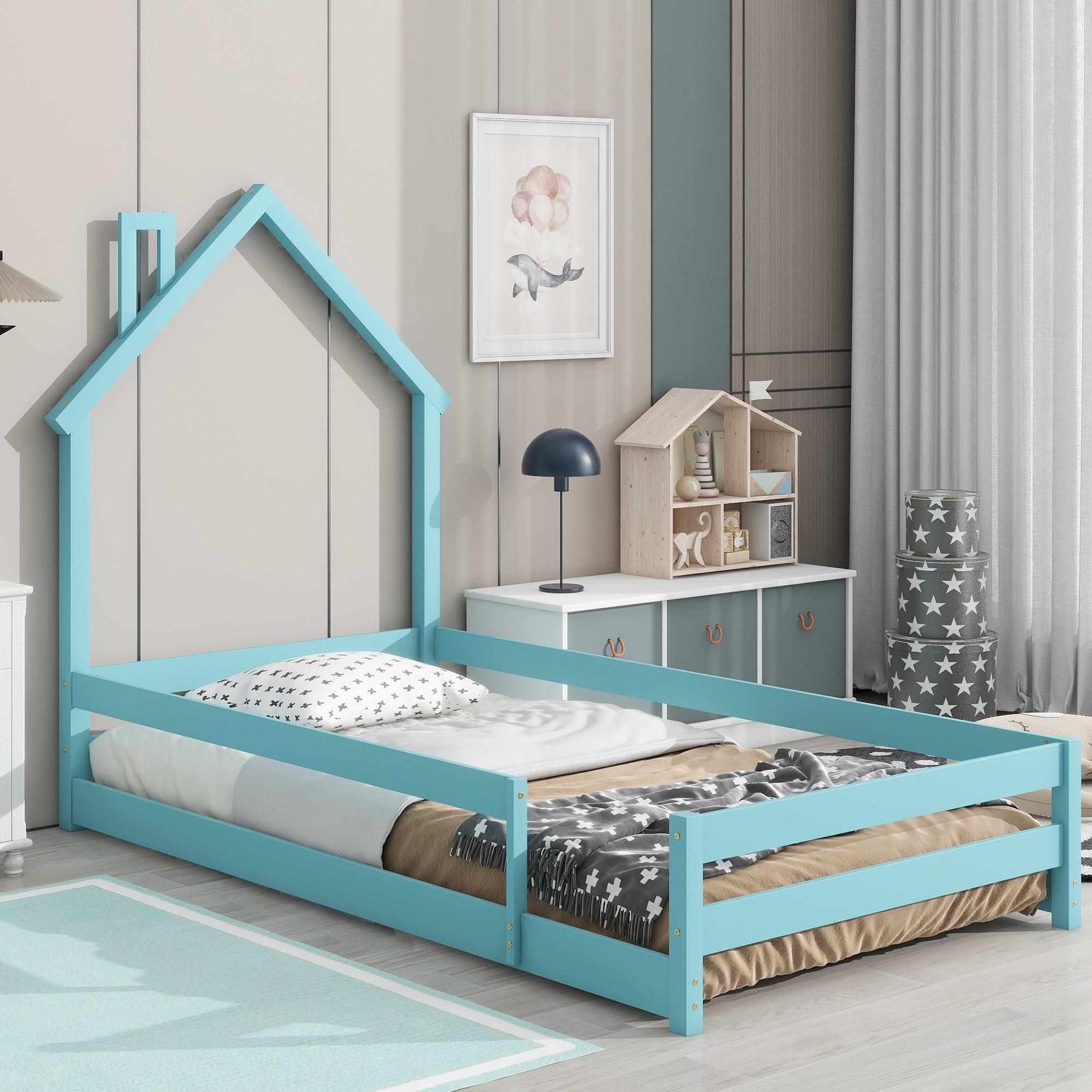 🆓🚛 Twin Size Wood Bed With House-Shaped Headboard Floor Bed With Fences, Light Blue