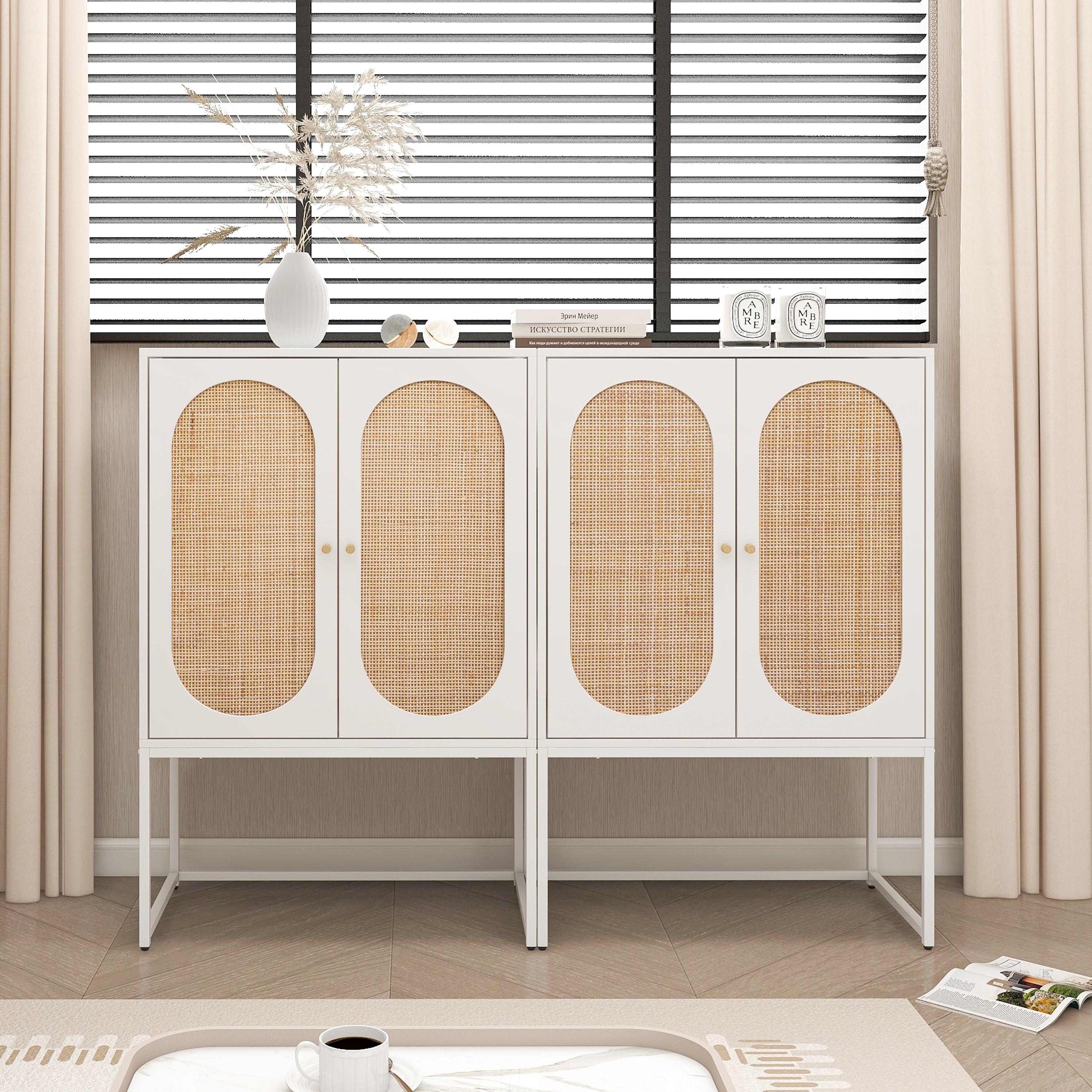 🆓🚛 Set Of 2, Natural Rattan 2 Door High Cabinet, Built-in Adjustable Shelf, Easy Assembly, Free Standing Cabinet for Living Room Bedroom