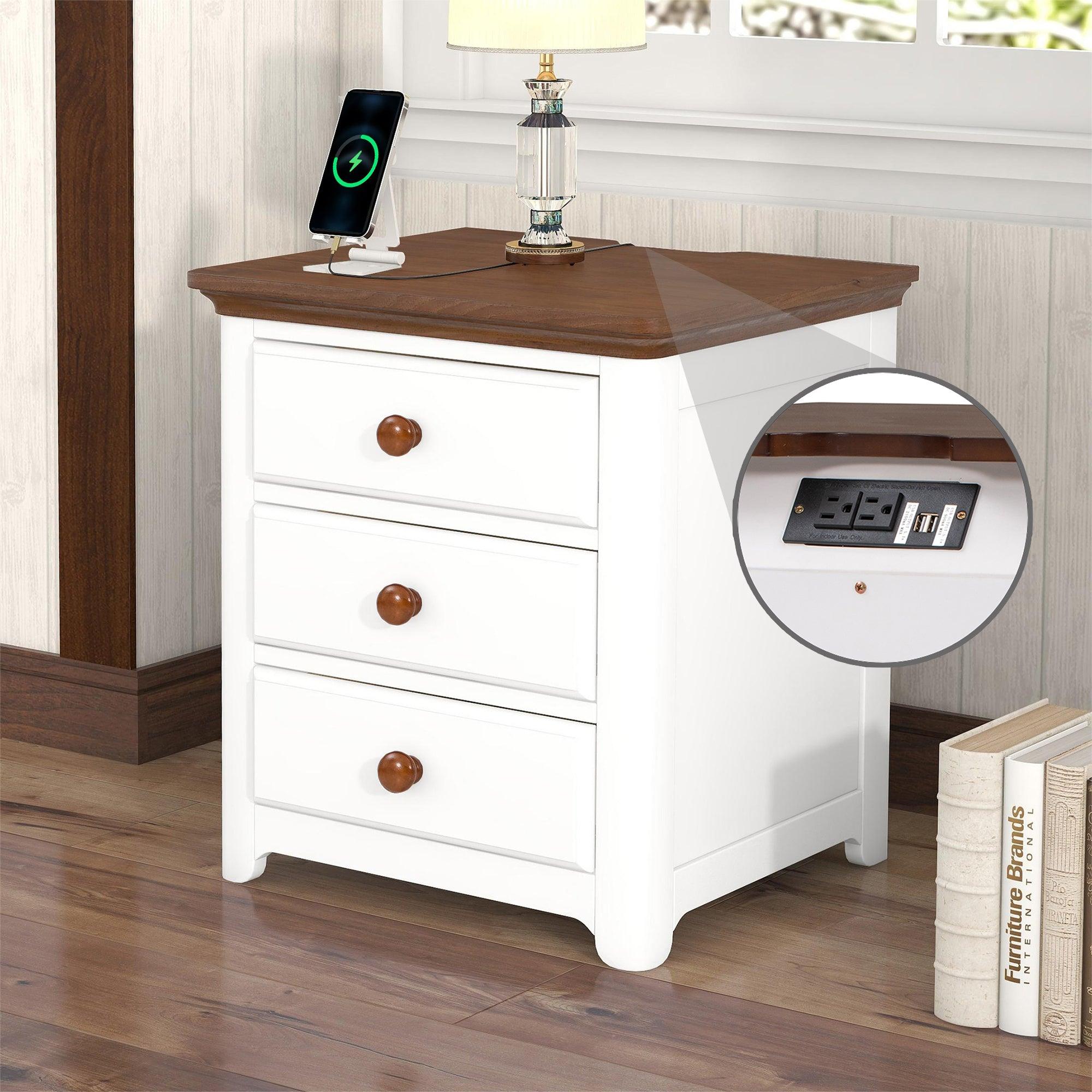 🆓🚛 Wooden Nightstand With Usb Charging Ports & Three Drawers, End Table for Bedroom, White+Walnut