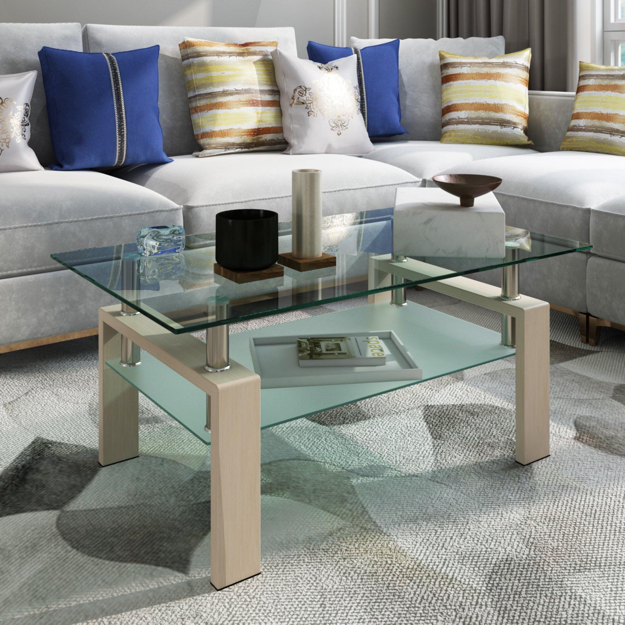 🆓🚛 Rectangle Glass Coffee Table, Clear Coffee Table Modern Side Center Tables for Living Room Living Room Furniture