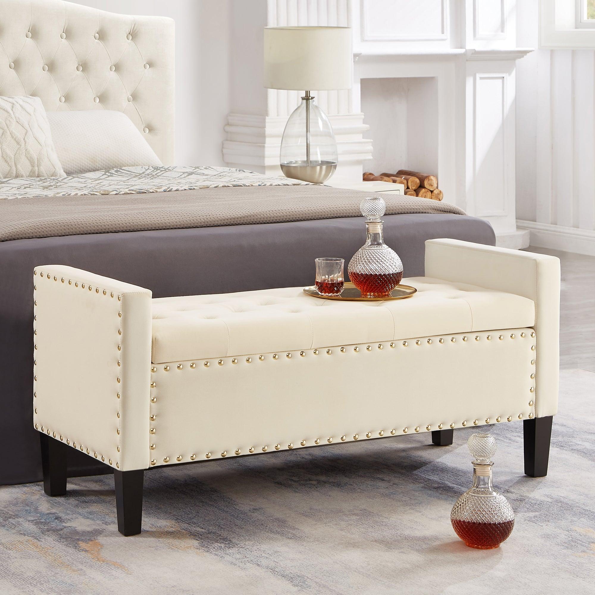 🆓🚛 Upholstered Tufted Button Storage Bench With Nails Trim, Entryway Living Room Soft Padded Seat With Armrest, Bed Bench, Cream
