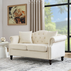 57" Chesterfield Sofa Grey Velvet for Living Room, 2 Seater Sofa Tufted Couch with Rolled Arms and Nailhead, with 2 Pillows