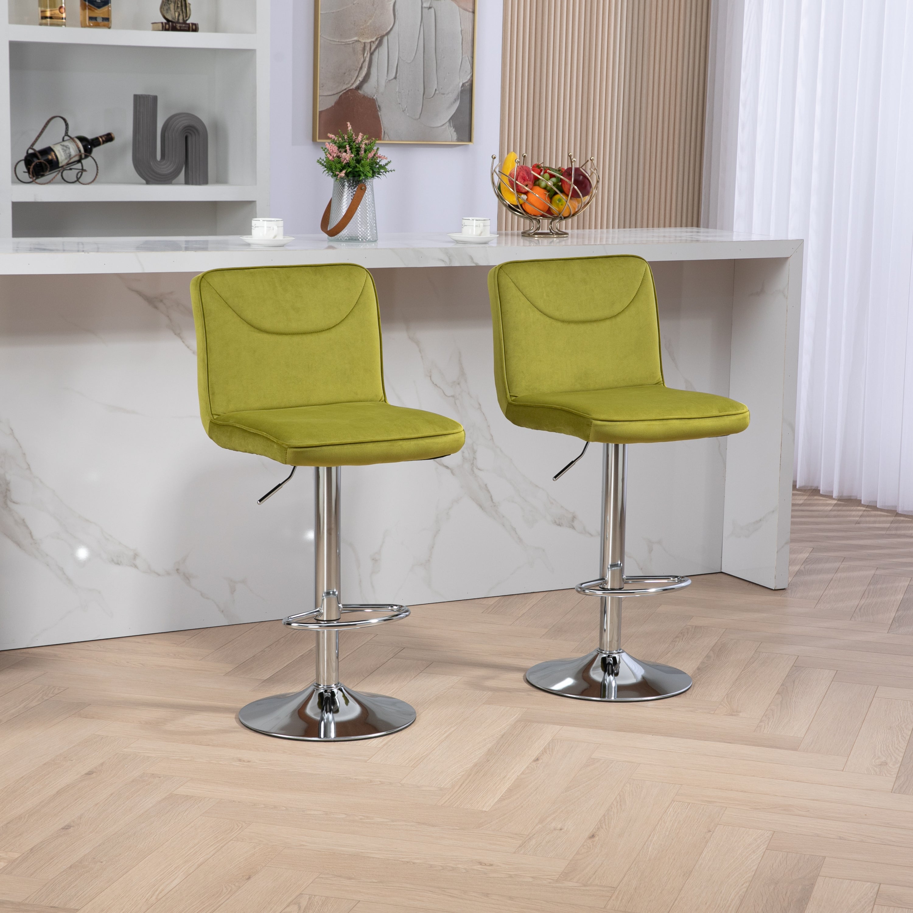🆓🚛 Modern Swivel Bar stools Set of 2, Adjustable Counter Height Bar Chairs, with Backrest Footrest, Chrome Base, Olive Green