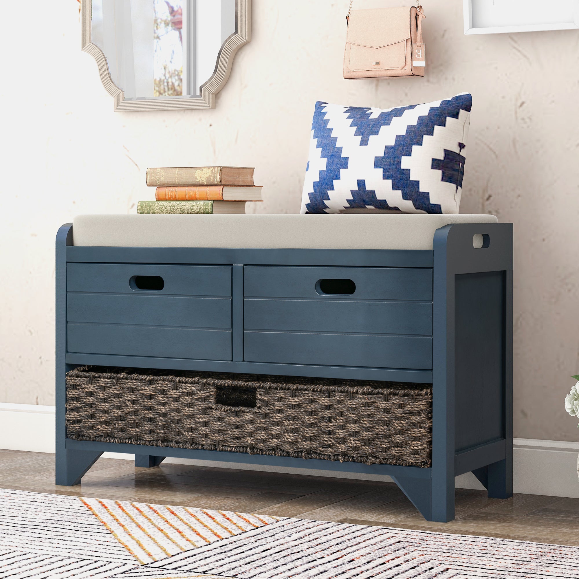 🆓🚛 Storage Bench With Removable Basket and 2 Drawers, Fully Assembled Shoe Bench With Removable Cushion, Navy