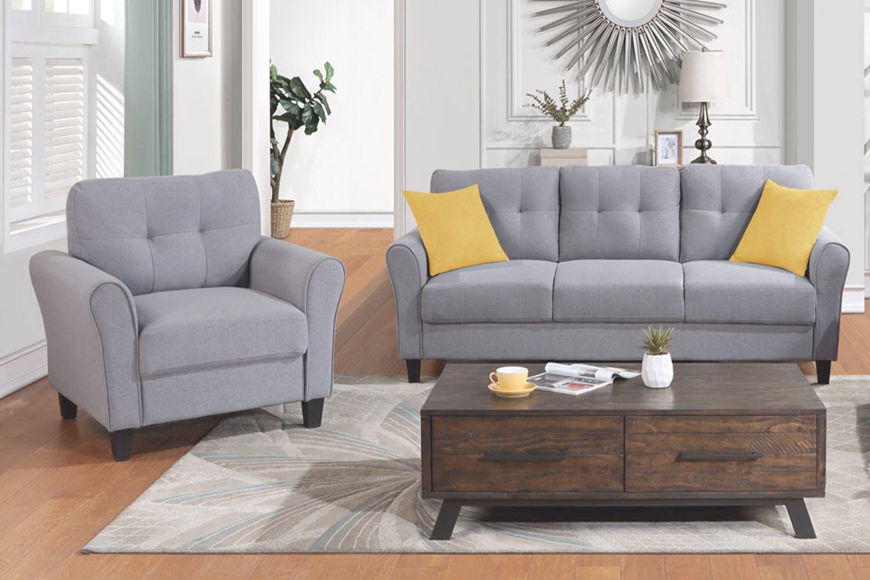 🆓🚛 Modern Living Room Sofa Set, Linen Upholstered Couch Furniture for Home Or Office, Light Gray-Blue, 1 + 3-Seater Sofas