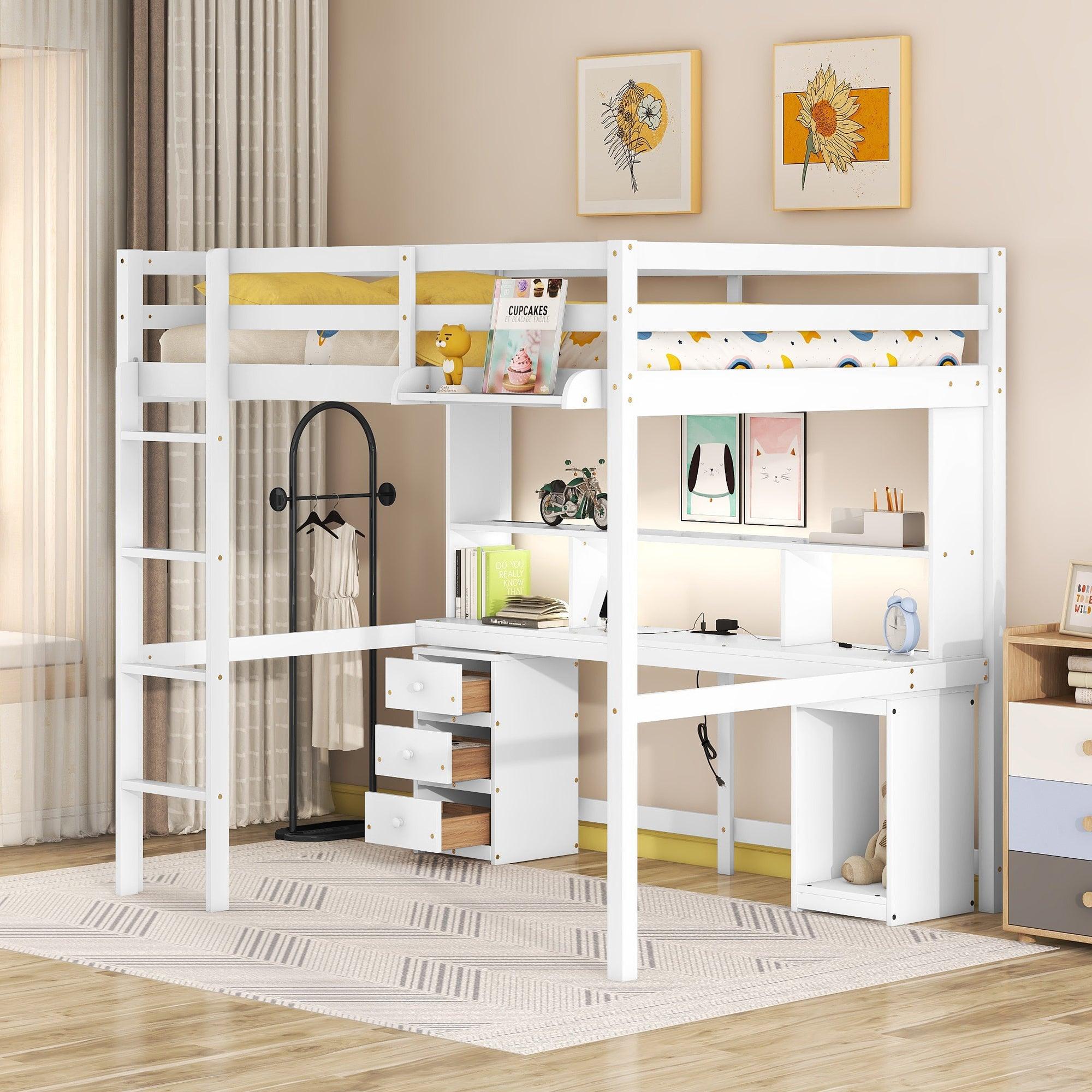 🆓🚛 Full Size Loft Bed With Multi-Storage Desk, Led Light & Bedside Tray, Charging Station, White