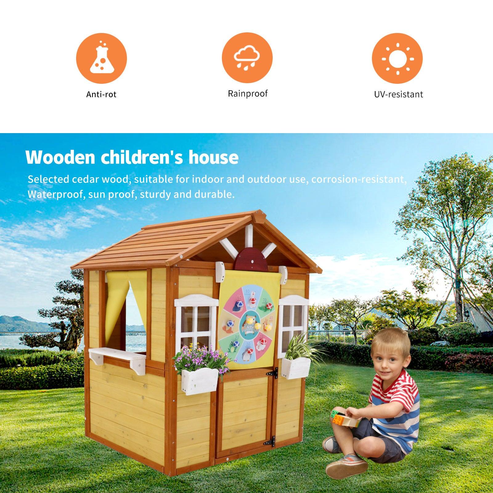 🆓🚛 Outdoor Playhouse for Kids Wooden Cottage With Working Doors Windows Pretend Play House for Age 3-8 Years