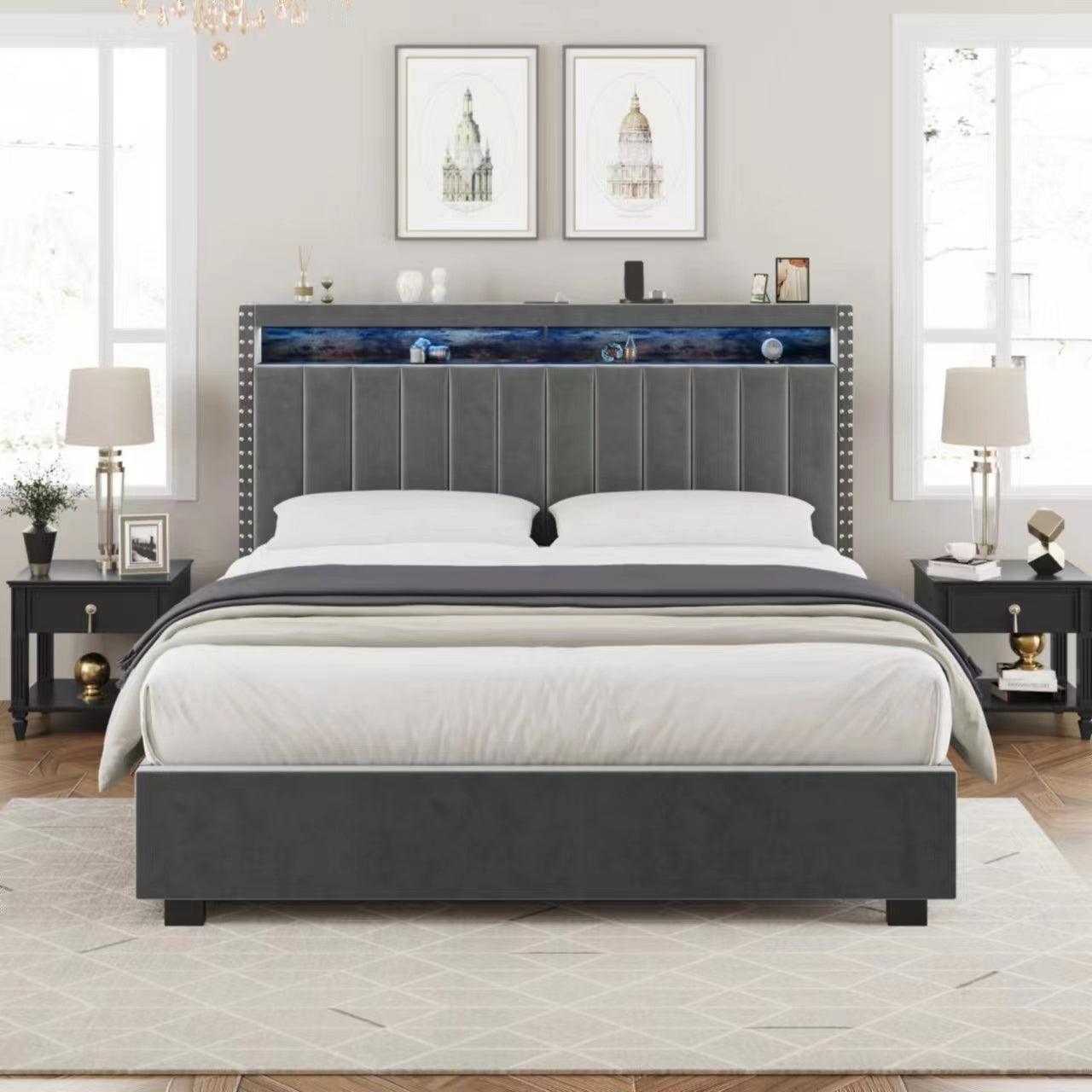 🆓🚛 Luxury Gas Lift Storage Bed With RF Led Lights, Storage Headboard, Queen Size, Velvet Gray