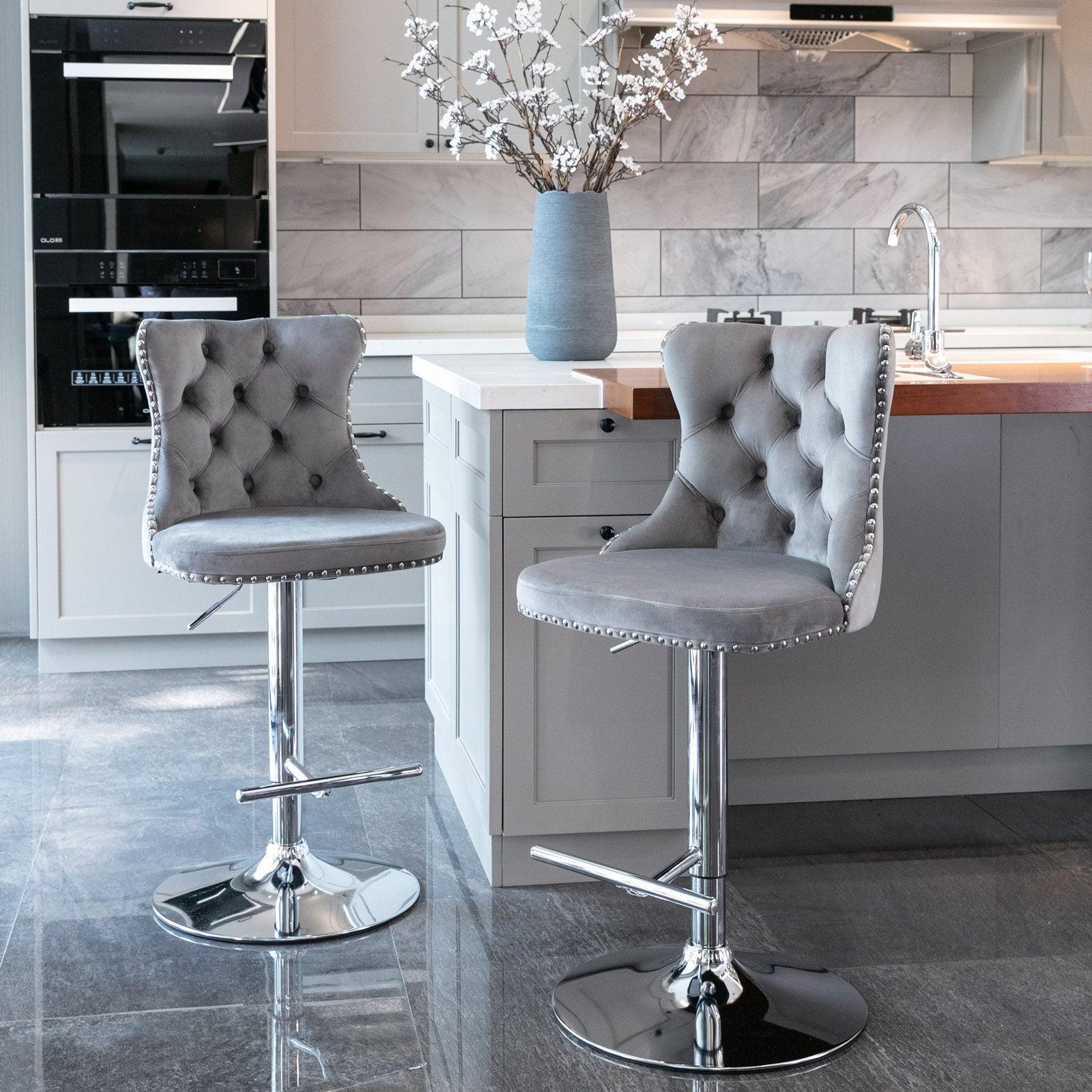 🆓🚛 Swivel Velvet Barstools Adjusatble Seat Height From 25-33 Inch, Modern Upholstered Chrome Base Bar Stools With Backs Comfortable Tufted for Home Pub & Kitchen Island（Gray, Set Of 2）