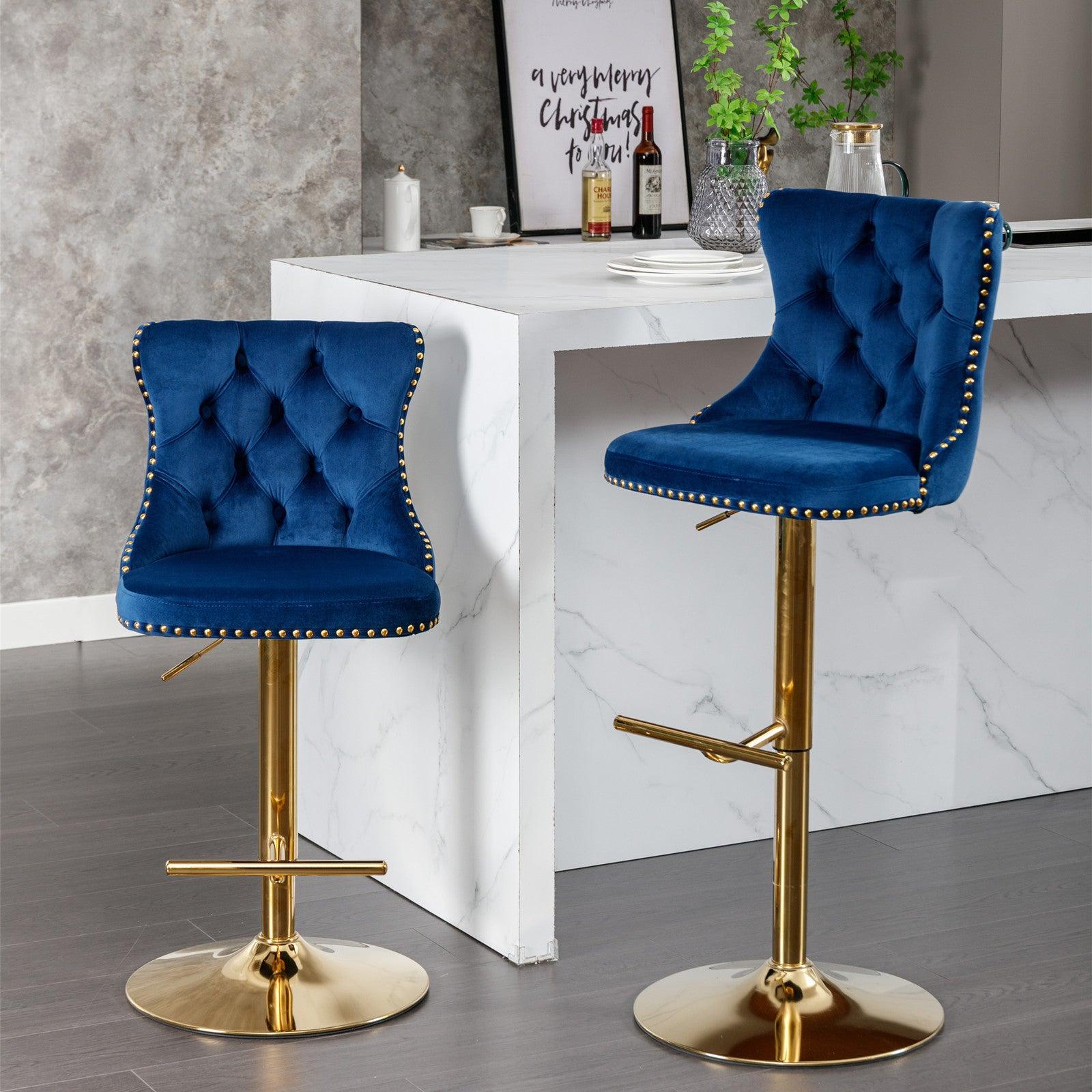 Golden Swivel Velvet Barstools Adjusatble Seat Height From 25-33 Inch, Modern Upholstered Bar Stools With Backs Comfortable Tufted For Home Pub And Kitchen Island, Blue, Set Of 2