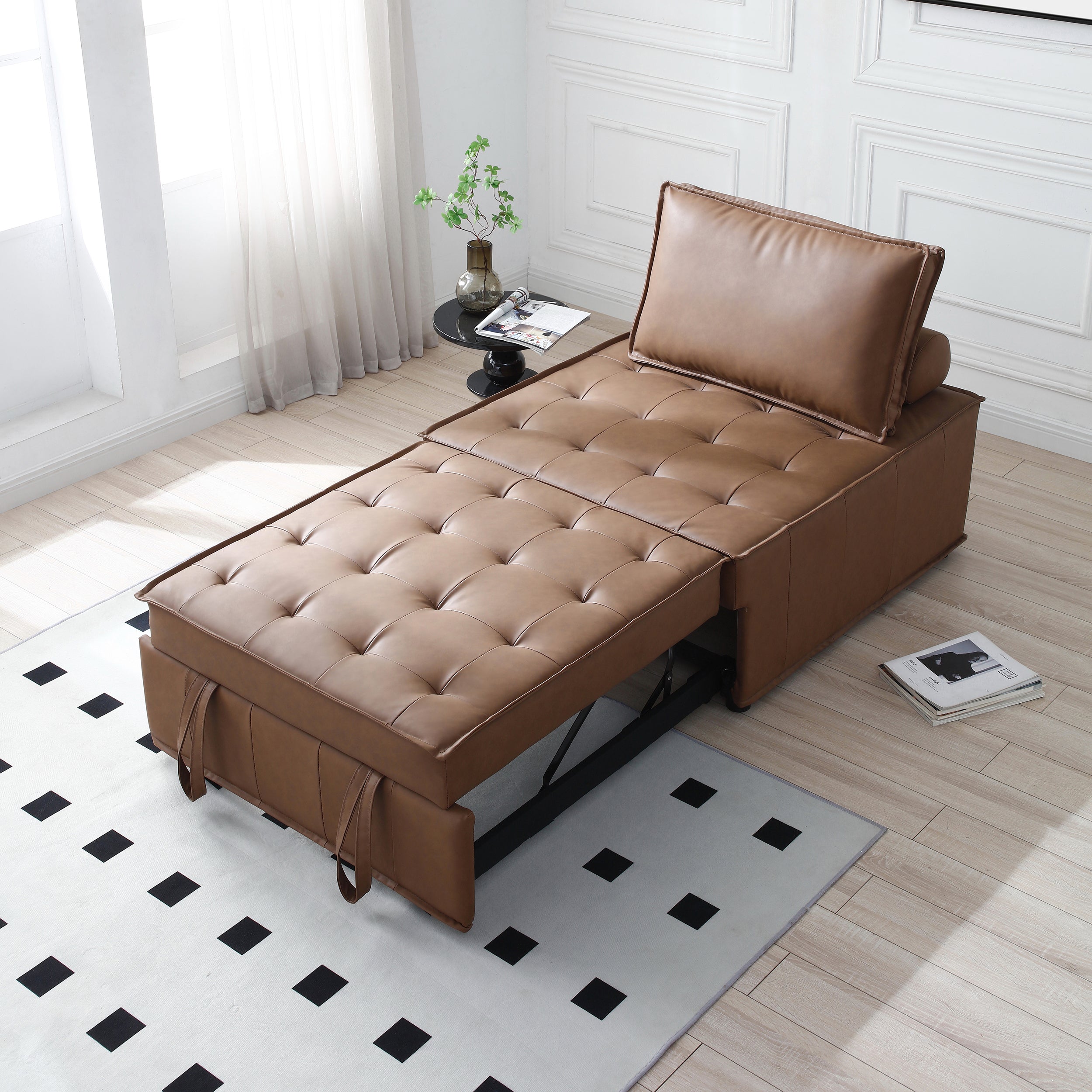 🆓🚛 Multipurpose Faux Leather Ottoman Lazy Chair Pull-Out Sofa Bed, Brown