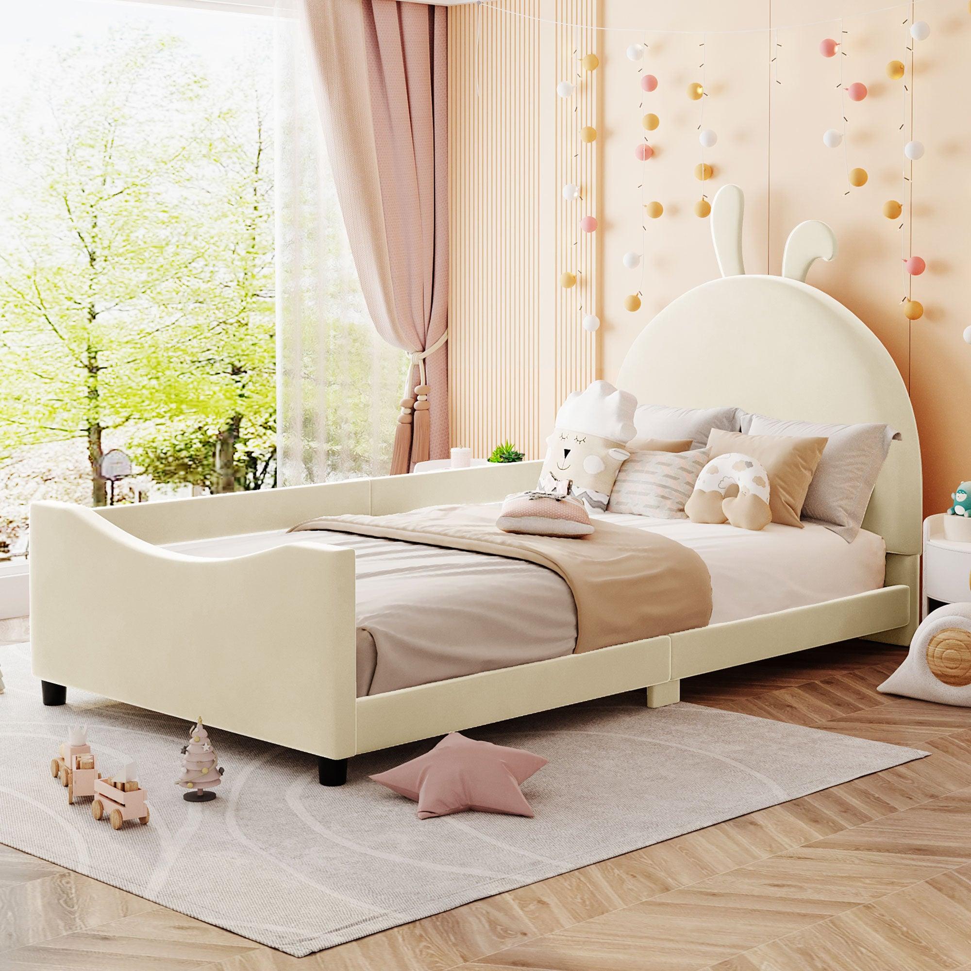 🆓🚛 Twin Size Upholstered Daybed With Rabbit Ear Shaped Headboard, Beige