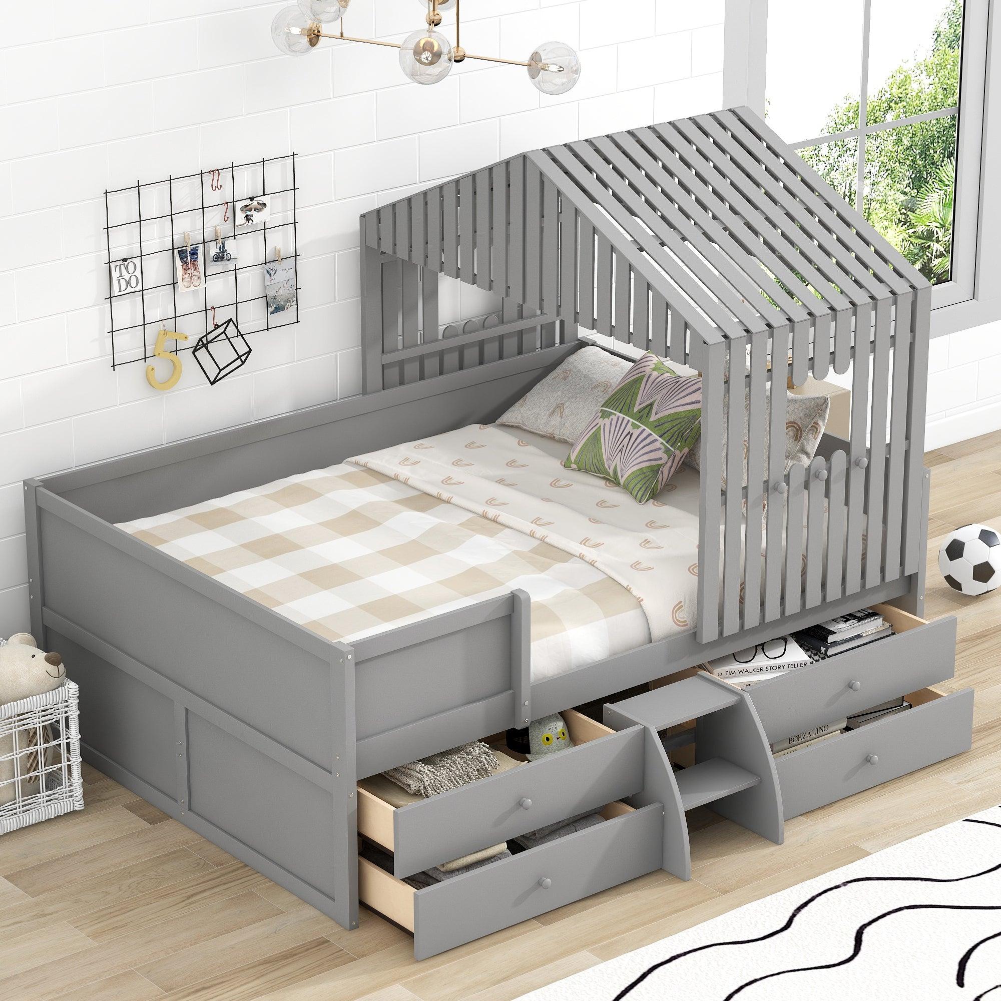 🆓🚛 Full Size House Low Loft Bed With Four Drawers, Gray