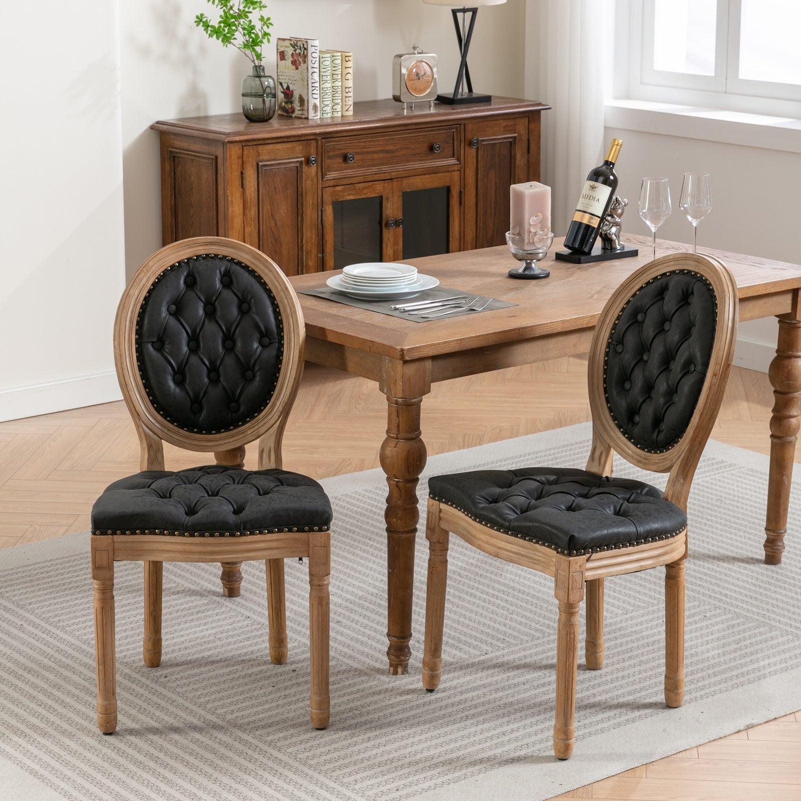 🆓🚛 French Style Solid Wood Frame Antique Painting, Hand-Pulled Buckle Decoration Pu Artificial Leather Dining Chair With Nailhead Trim, Wood Legs, Set Of 2, Black