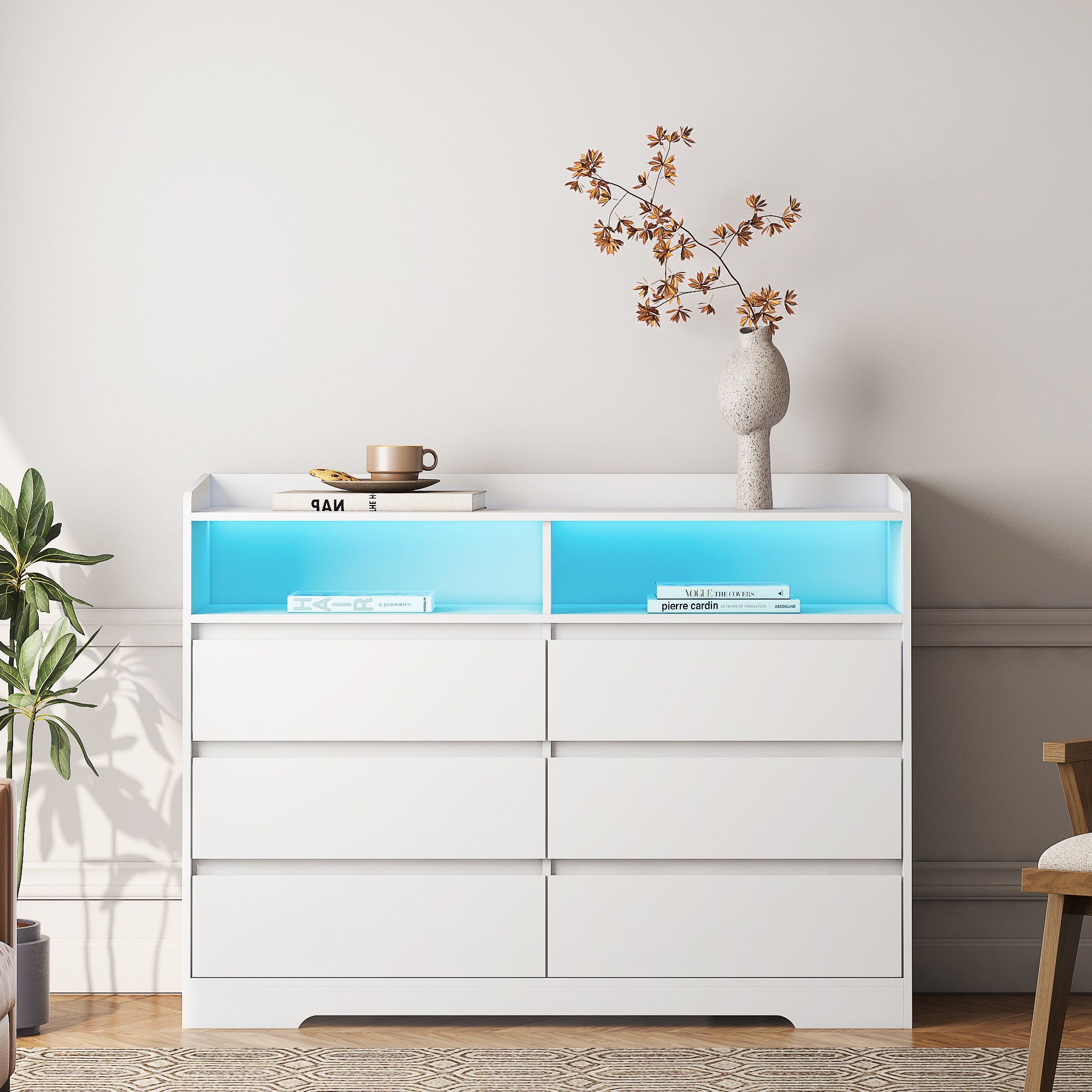 🆓🚛 6 Drawer Dresser, White Dresser for Bedroom With Led Lights, Modern Dressers & Chests of Drawers With Sturdy Frame for Living Room, Entryway, Hallway