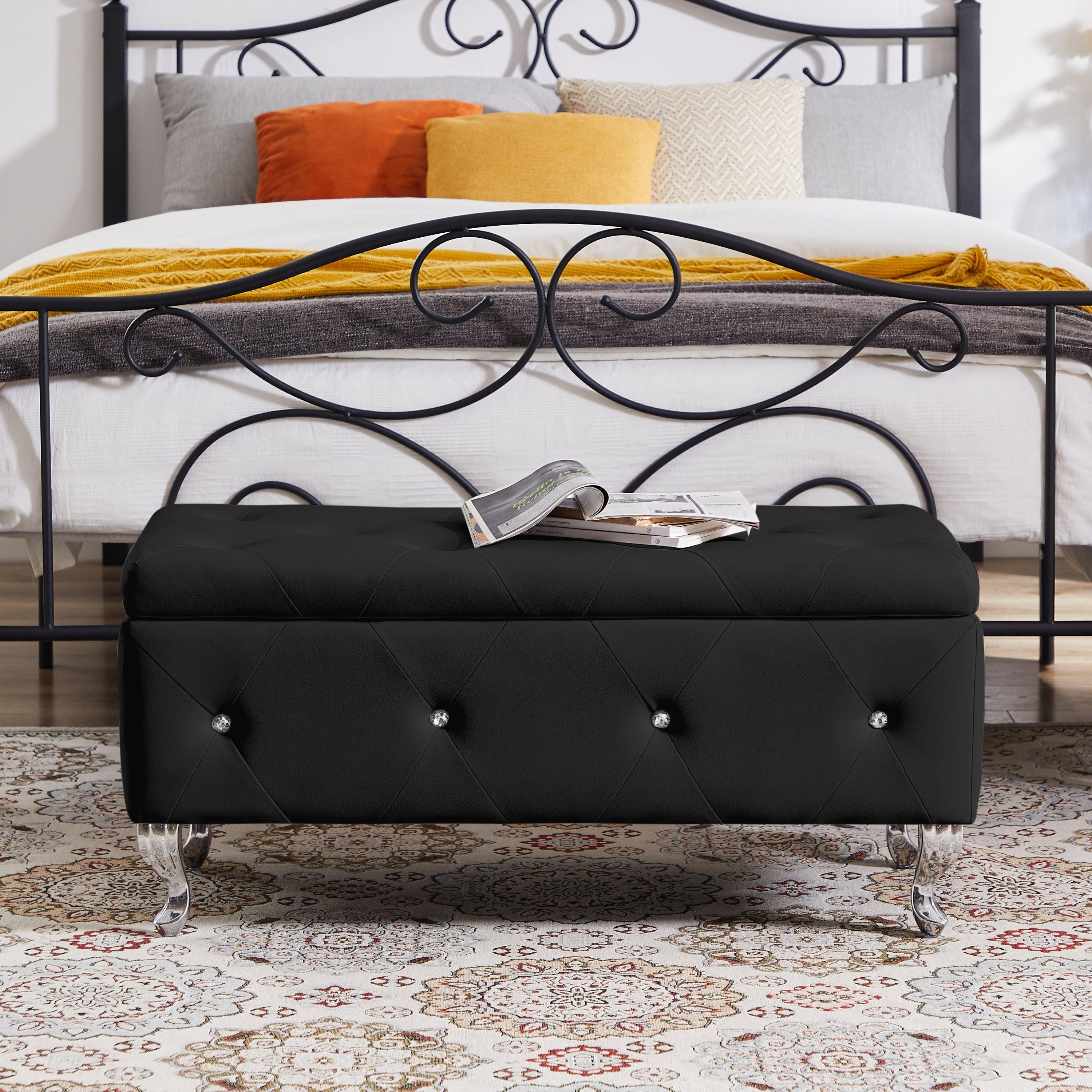 🆓🚛 Upholstered Pu Leather Storage Ottoman Bench, Flip Top, Metal Leg With Footpad, for Living Room, Entryway, Bedroom, Black